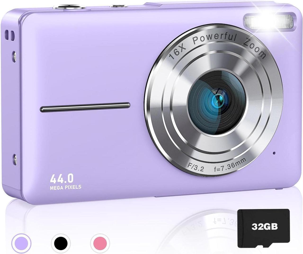 Main image of AiTechny Digital Camera, FHD 1080P Kids Camera, 44MP Point and Shoot Cameras for Pictures with 32GB Card, 16X Zoom, Lanyard, Portable Travel Mini Camera for Kids Teens Beginner(Purple)