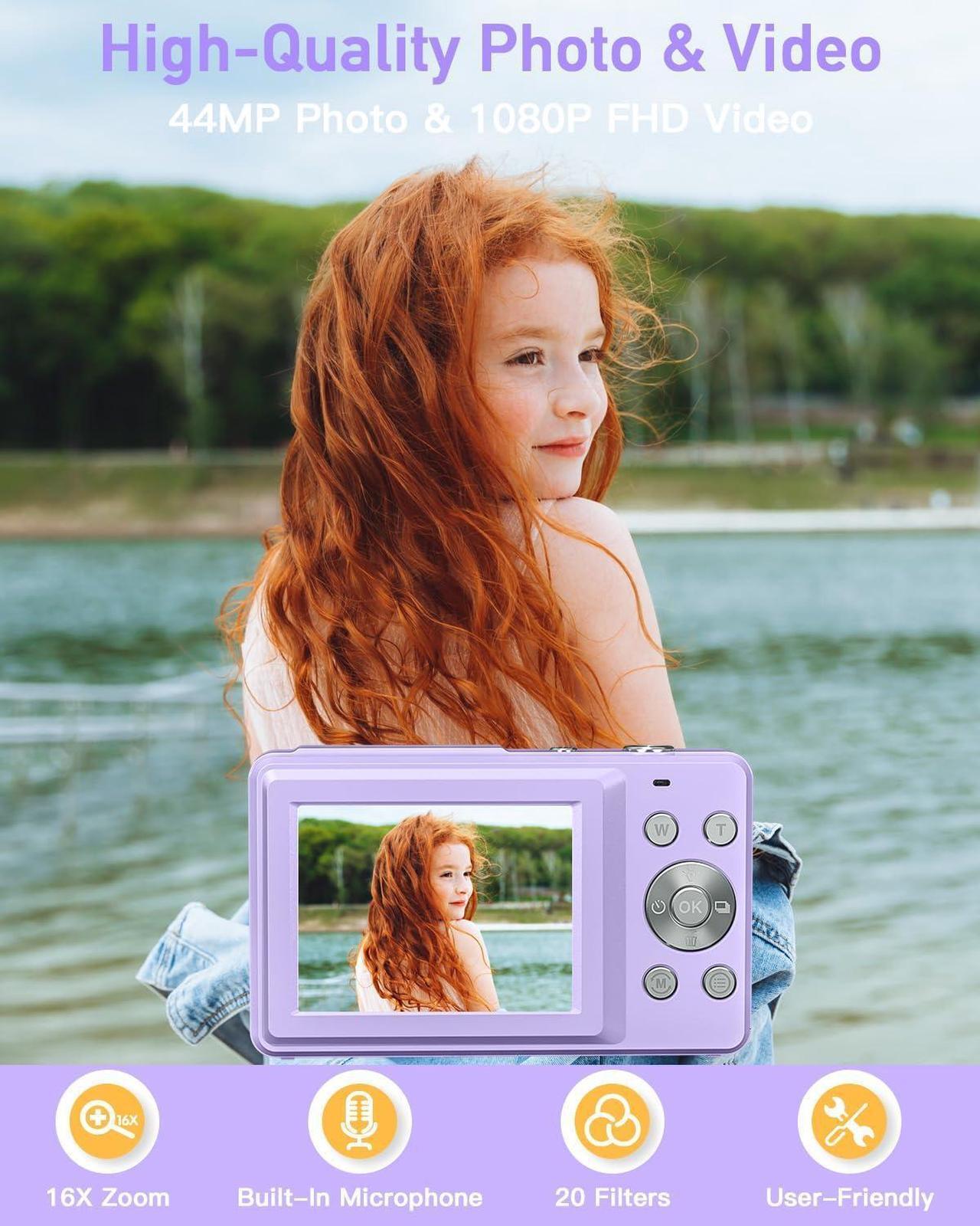 Alt view image 2 of 7 - AiTechny Digital Camera, FHD 1080P Kids Camera, 44MP Point and Shoot Cameras for Pictures with 32GB Card, 16X Zoom, Lanyard, Portable Travel Mini Camera for Kids Teens Beginner(Purple)