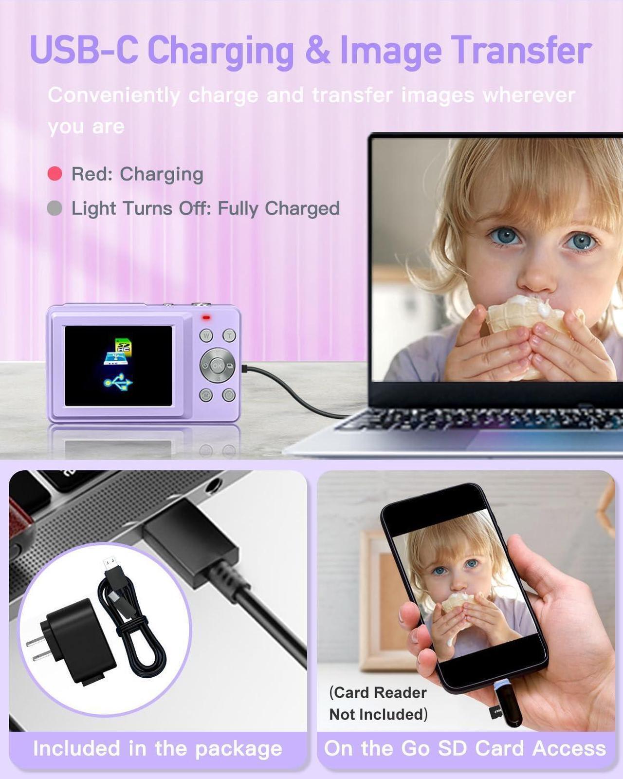 Alt view image 3 of 7 - AiTechny Digital Camera, FHD 1080P Kids Camera, 44MP Point and Shoot Cameras for Pictures with 32GB Card, 16X Zoom, Lanyard, Portable Travel Mini Camera for Kids Teens Beginner(Purple)