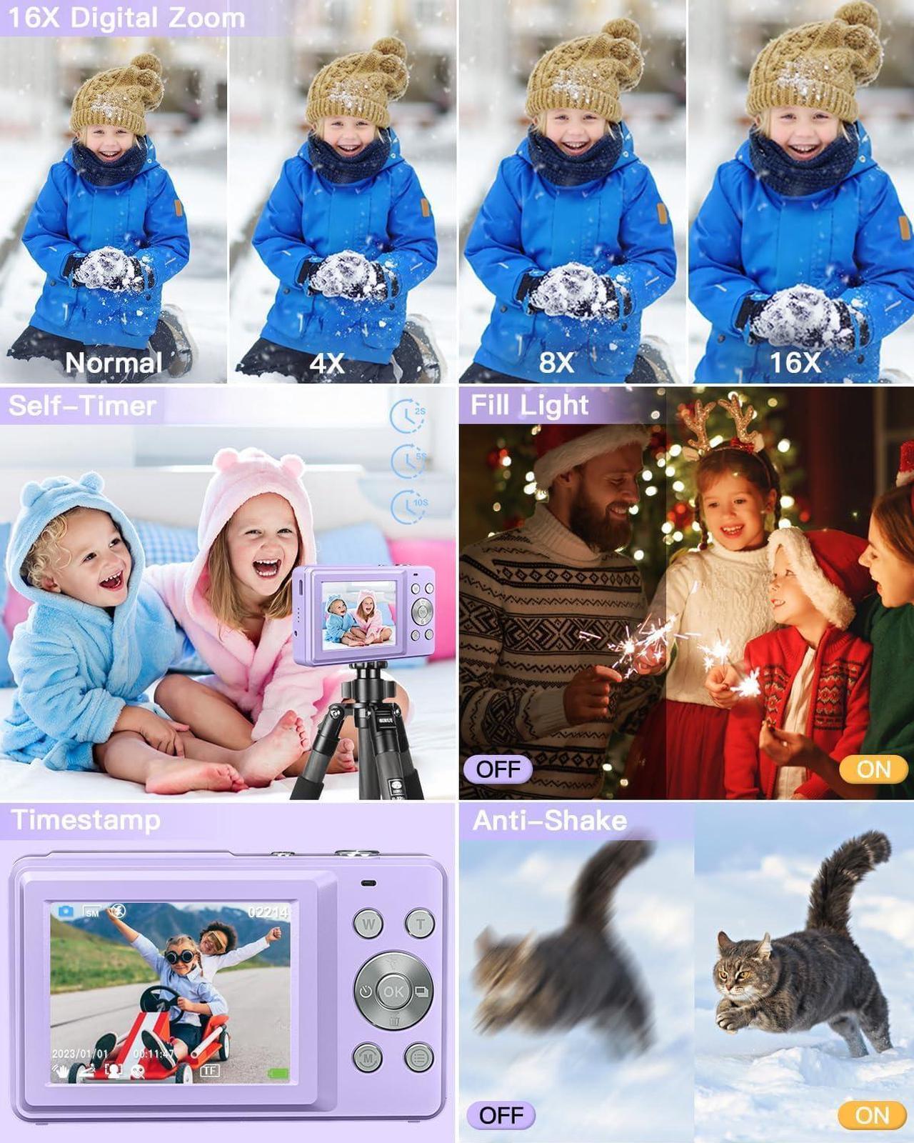 Alt view image 4 of 7 - AiTechny Digital Camera, FHD 1080P Kids Camera, 44MP Point and Shoot Cameras for Pictures with 32GB Card, 16X Zoom, Lanyard, Portable Travel Mini Camera for Kids Teens Beginner(Purple)