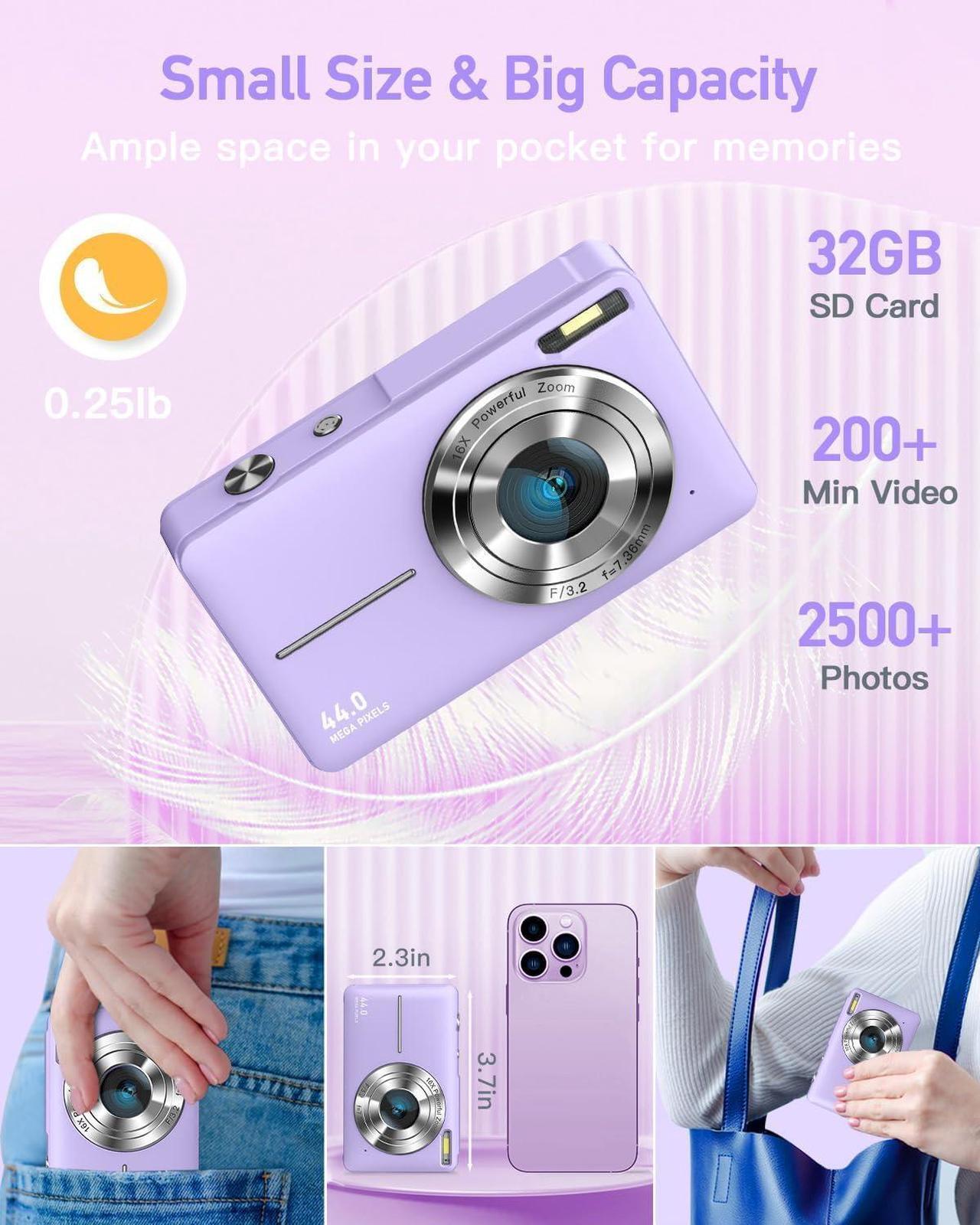 Alt view image 5 of 7 - AiTechny Digital Camera, FHD 1080P Kids Camera, 44MP Point and Shoot Cameras for Pictures with 32GB Card, 16X Zoom, Lanyard, Portable Travel Mini Camera for Kids Teens Beginner(Purple)
