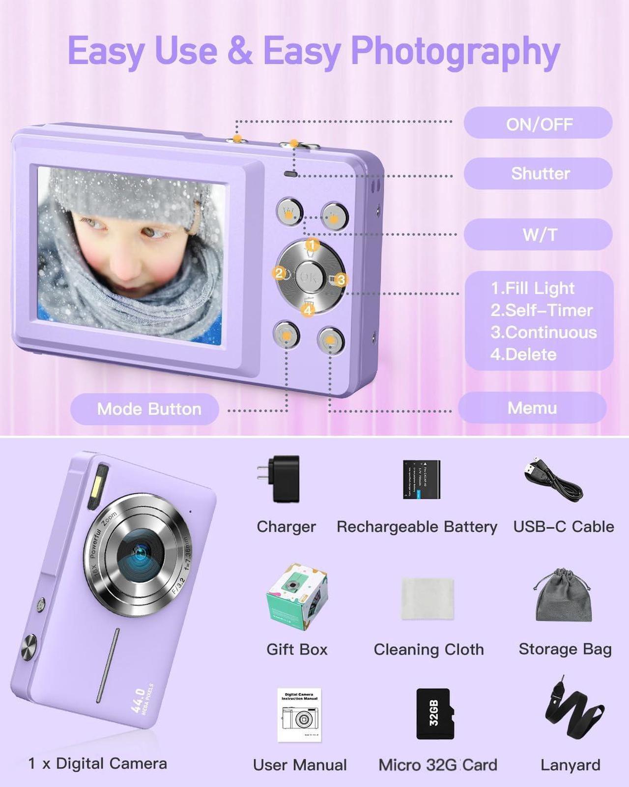 Alt view image 7 of 7 - AiTechny Digital Camera, FHD 1080P Kids Camera, 44MP Point and Shoot Cameras for Pictures with 32GB Card, 16X Zoom, Lanyard, Portable Travel Mini Camera for Kids Teens Beginner(Purple)