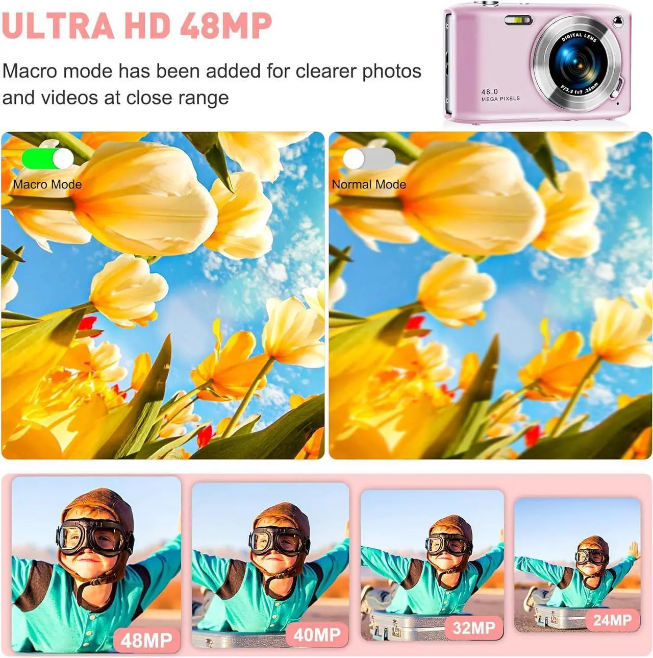 Alt view image 2 of 7 - Digital Camera, FHD 4K Point and Shoot Camera with 2.88' IPS Screen, 48MP Video, 16X Zoom, Macro Mode, Flash - Compact Beginner Camera for Teens, Pink