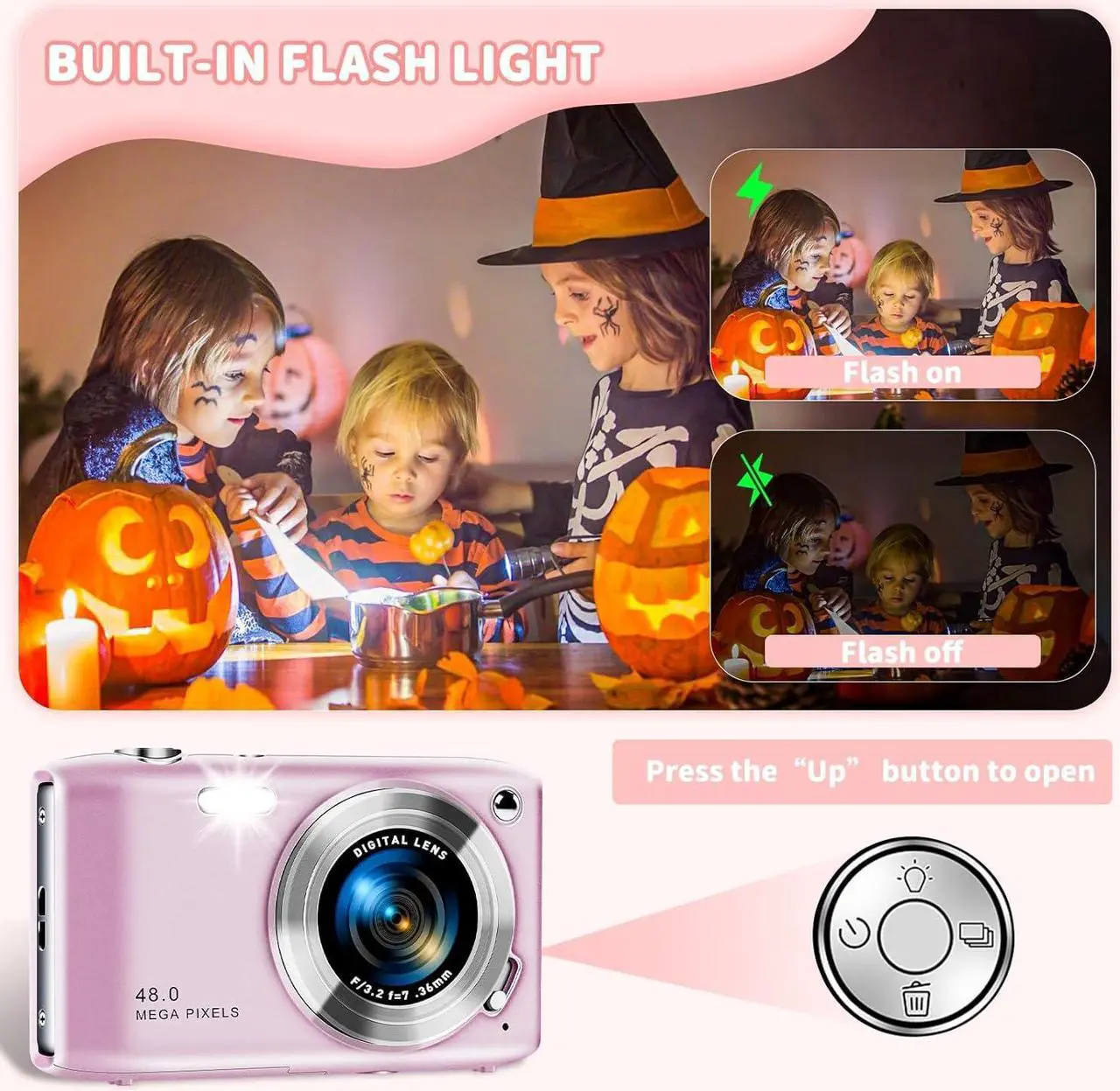 Alt view image 3 of 7 - Digital Camera, FHD 4K Point and Shoot Camera with 2.88' IPS Screen, 48MP Video, 16X Zoom, Macro Mode, Flash - Compact Beginner Camera for Teens, Pink