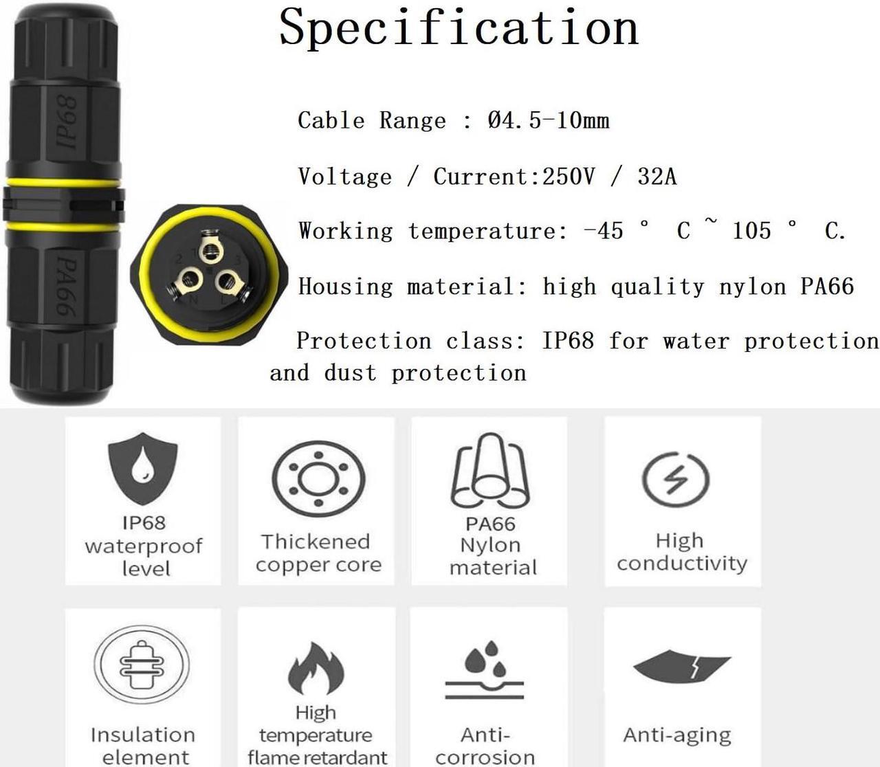 Alt view image 4 of 6 - 3 Pole Wire Connector Waterproof IP68 External Electrical Junction Box,M20 2way 3pin for Cable Ø0.18-0.4in for Outdoor Underground Cable, LED Street Landscape Lights,CE Certified 6Pack