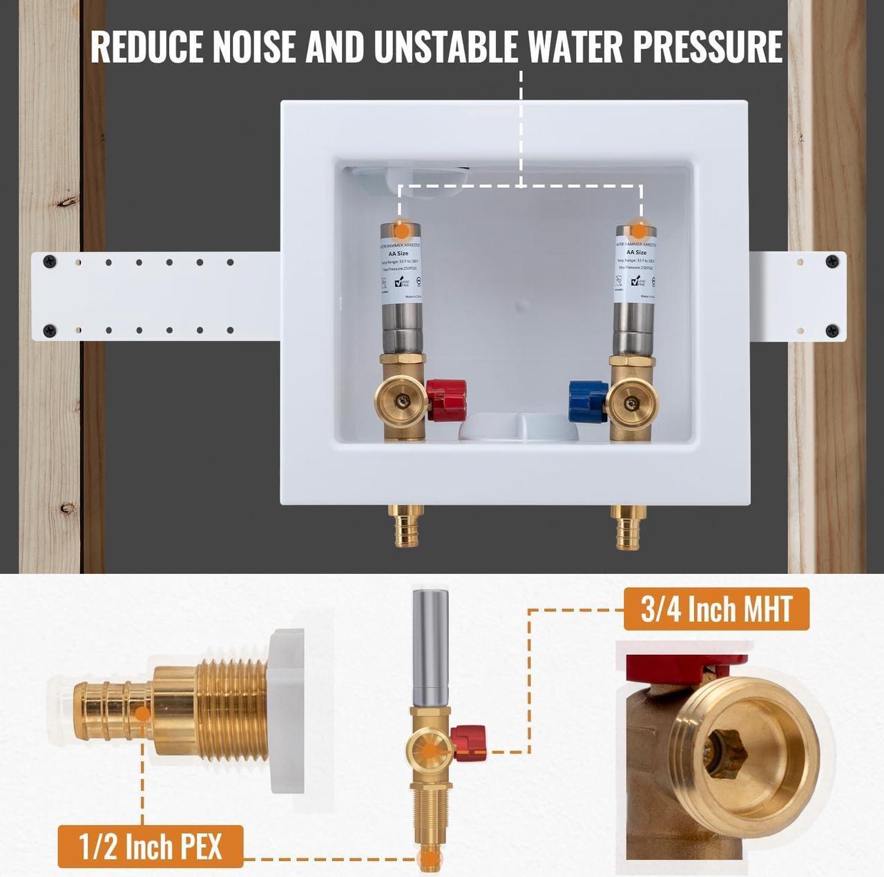 Alt view image 2 of 7 - SUNGATOR Washing Machine Laundry Outlet Box, Washer Water Valve Wall Box with Center Drain, 1/2 Inch Pex Crimp Inlet x 3/4 Inch MHT Outlet, with Stainless Steel Water Hammer Arrestor and 4 Crimp Rings