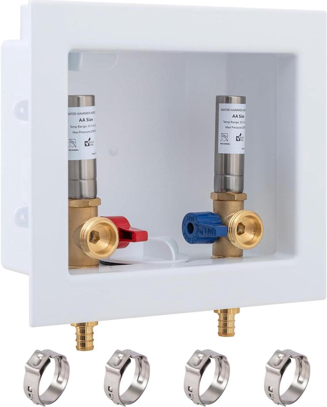 Main image of SUNGATOR Washing Machine Laundry Outlet Box, Washer Water Valve Wall Box with Center Drain, 1/2 Inch Pex Crimp Inlet x 3/4 Inch MHT Outlet, with Stainless Steel Water Hammer Arrestor and 4 Crimp Rings