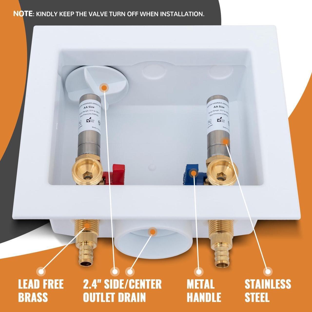 Alt view image 6 of 7 - SUNGATOR Washing Machine Laundry Outlet Box, Washer Water Valve Wall Box with Center Drain, 1/2 Inch Pex Crimp Inlet x 3/4 Inch MHT Outlet, with Stainless Steel Water Hammer Arrestor and 4 Crimp Rings