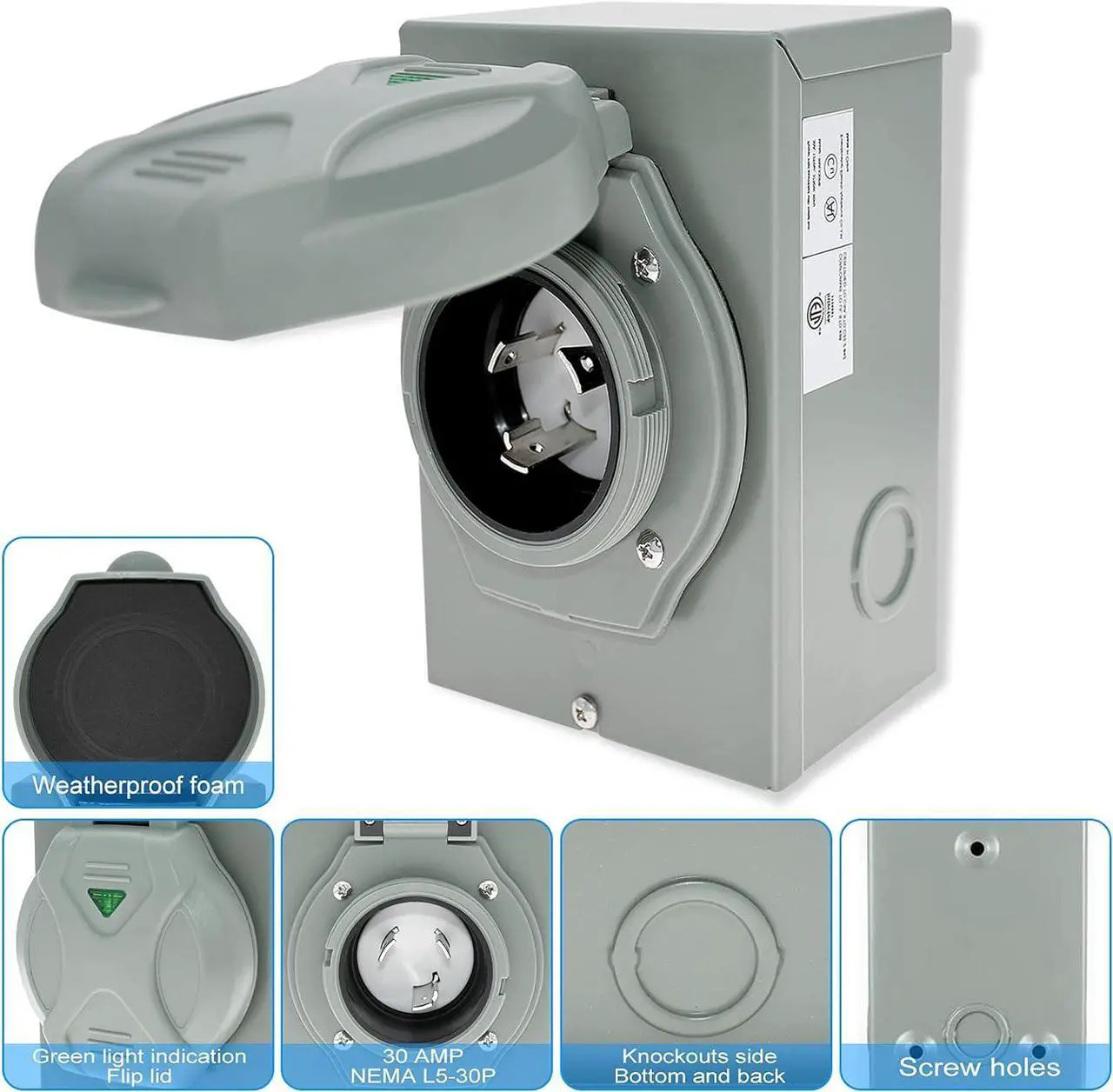 Alt view image 5 of 7 - Miady 30 Amp Generator Power Inlet Box, L5-30P, 125 Volt, For Generators Up to 3750 Watts, Weatherproof, ETL Listed