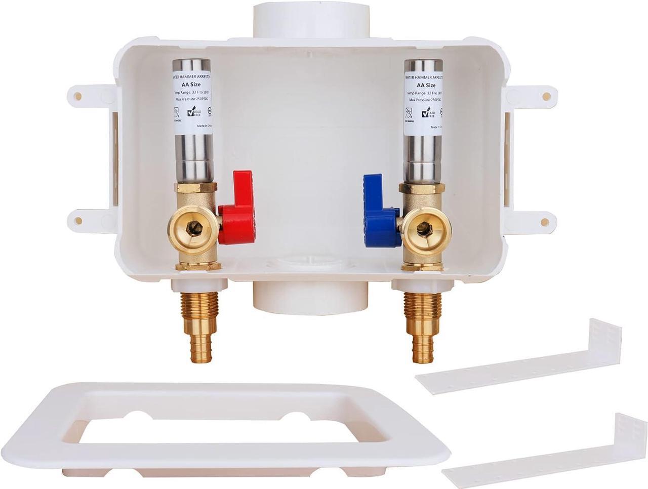 Main image of WHK Washing Machine Outlet Box,Pex Laundry Box Washer Wall Box With Drain Recessed Water Valve Box Center Double Drain 1/2-inch Crimp PEX B,PVC White (With Stainless Steel Water Hammer Arrester)