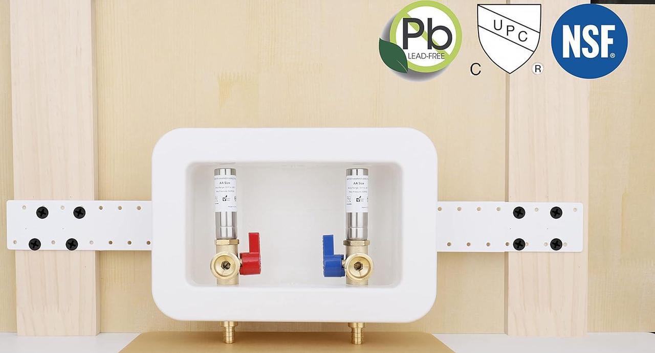 Alt view image 3 of 7 - WHK Washing Machine Outlet Box,Pex Laundry Box Washer Wall Box With Drain Recessed Water Valve Box Center Double Drain 1/2-inch Crimp PEX B,PVC White (With Stainless Steel Water Hammer Arrester)
