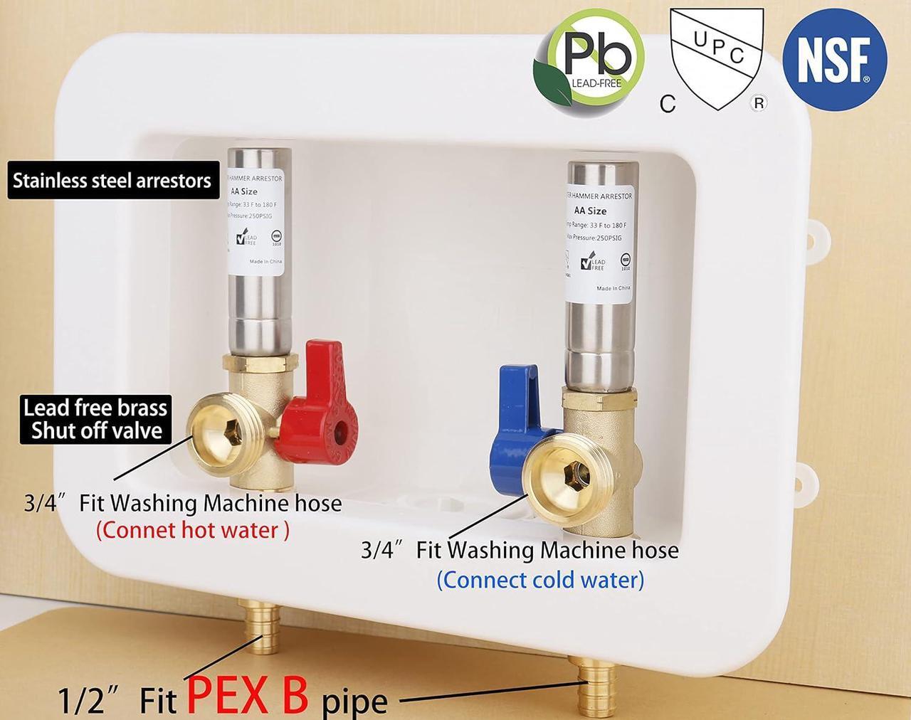 Alt view image 4 of 7 - WHK Washing Machine Outlet Box,Pex Laundry Box Washer Wall Box With Drain Recessed Water Valve Box Center Double Drain 1/2-inch Crimp PEX B,PVC White (With Stainless Steel Water Hammer Arrester)
