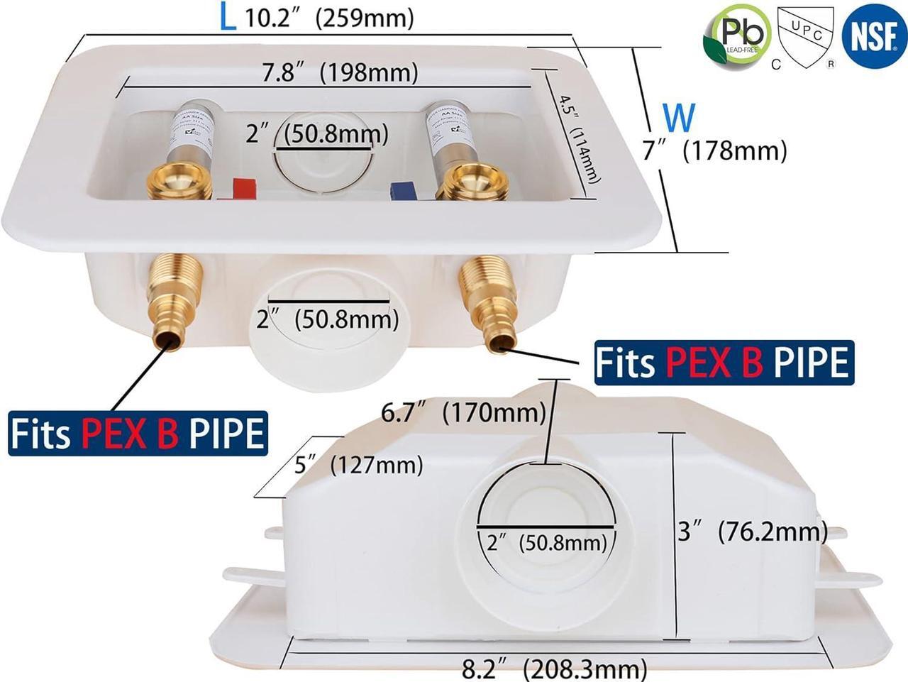 Alt view image 5 of 7 - WHK Washing Machine Outlet Box,Pex Laundry Box Washer Wall Box With Drain Recessed Water Valve Box Center Double Drain 1/2-inch Crimp PEX B,PVC White (With Stainless Steel Water Hammer Arrester)