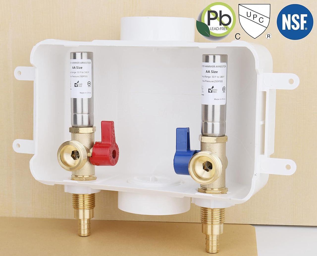 Alt view image 6 of 7 - WHK Washing Machine Outlet Box,Pex Laundry Box Washer Wall Box With Drain Recessed Water Valve Box Center Double Drain 1/2-inch Crimp PEX B,PVC White (With Stainless Steel Water Hammer Arrester)