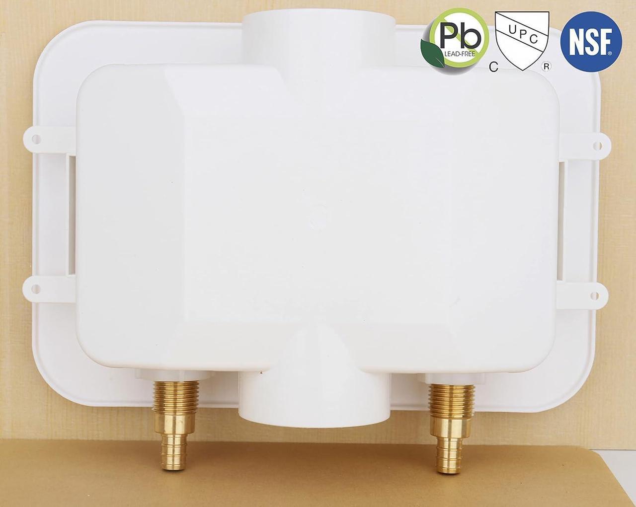 Alt view image 7 of 7 - WHK Washing Machine Outlet Box,Pex Laundry Box Washer Wall Box With Drain Recessed Water Valve Box Center Double Drain 1/2-inch Crimp PEX B,PVC White (With Stainless Steel Water Hammer Arrester)