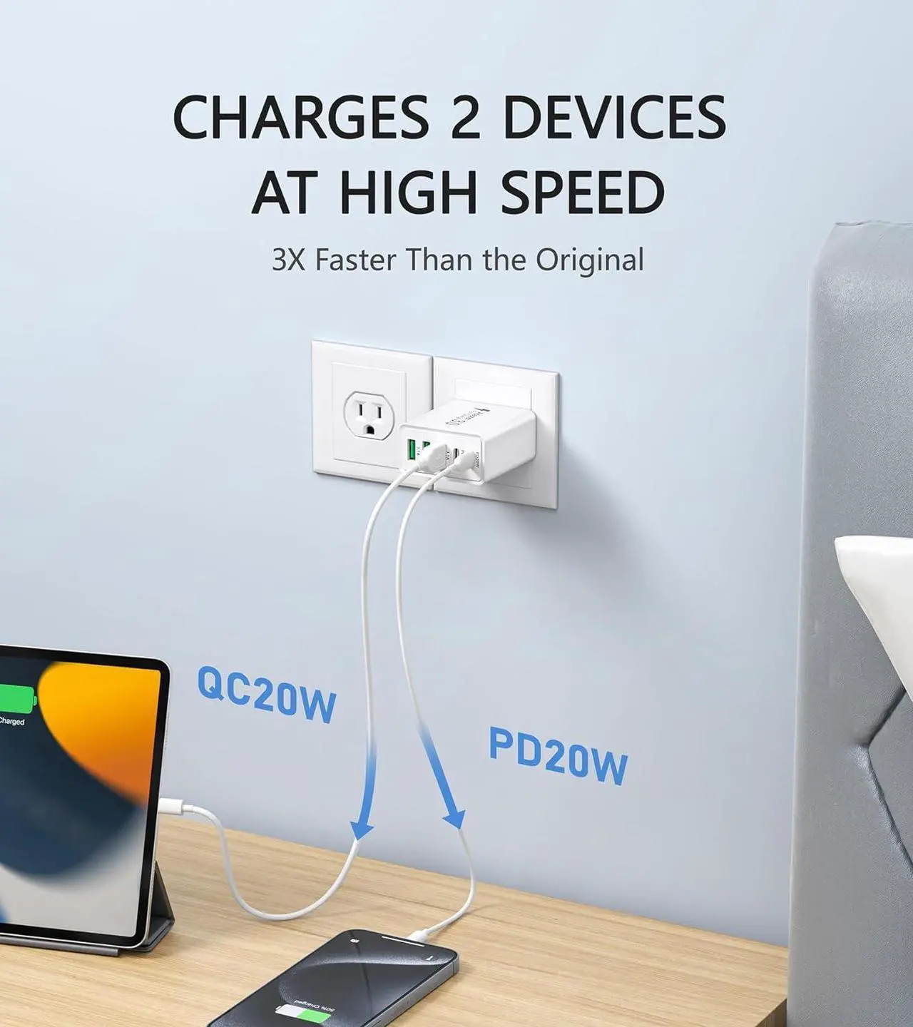 Alt view image 3 of 7 - [2-Pack] USB C Wall Charger, 50W 5-Port PD Fast USB C Charging Block,2USB C+3USB A Multiport Plug,Type C Power Adapter Brick Cube for iPhone 15/14/13/12/11/Pro Max/XS/XR,iPad,,Samsung,Tablet