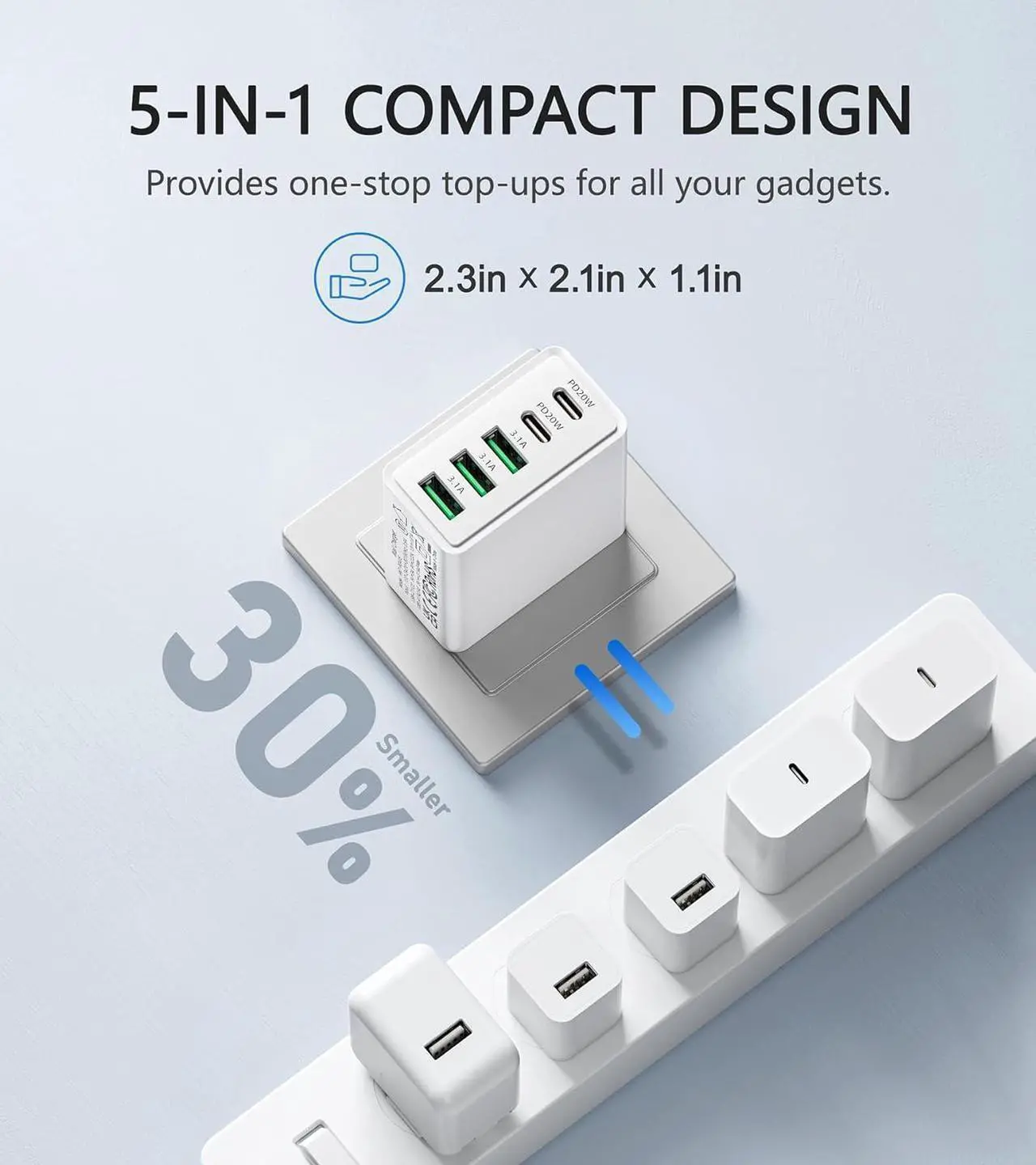 Alt view image 5 of 7 - [2-Pack] USB C Wall Charger, 50W 5-Port PD Fast USB C Charging Block,2USB C+3USB A Multiport Plug,Type C Power Adapter Brick Cube for iPhone 15/14/13/12/11/Pro Max/XS/XR,iPad,,Samsung,Tablet