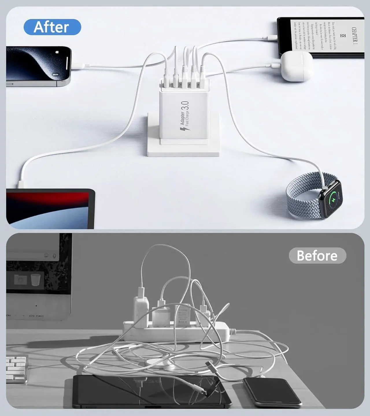 Alt view image 7 of 7 - [2-Pack] USB C Wall Charger, 50W 5-Port PD Fast USB C Charging Block,2USB C+3USB A Multiport Plug,Type C Power Adapter Brick Cube for iPhone 15/14/13/12/11/Pro Max/XS/XR,iPad,,Samsung,Tablet