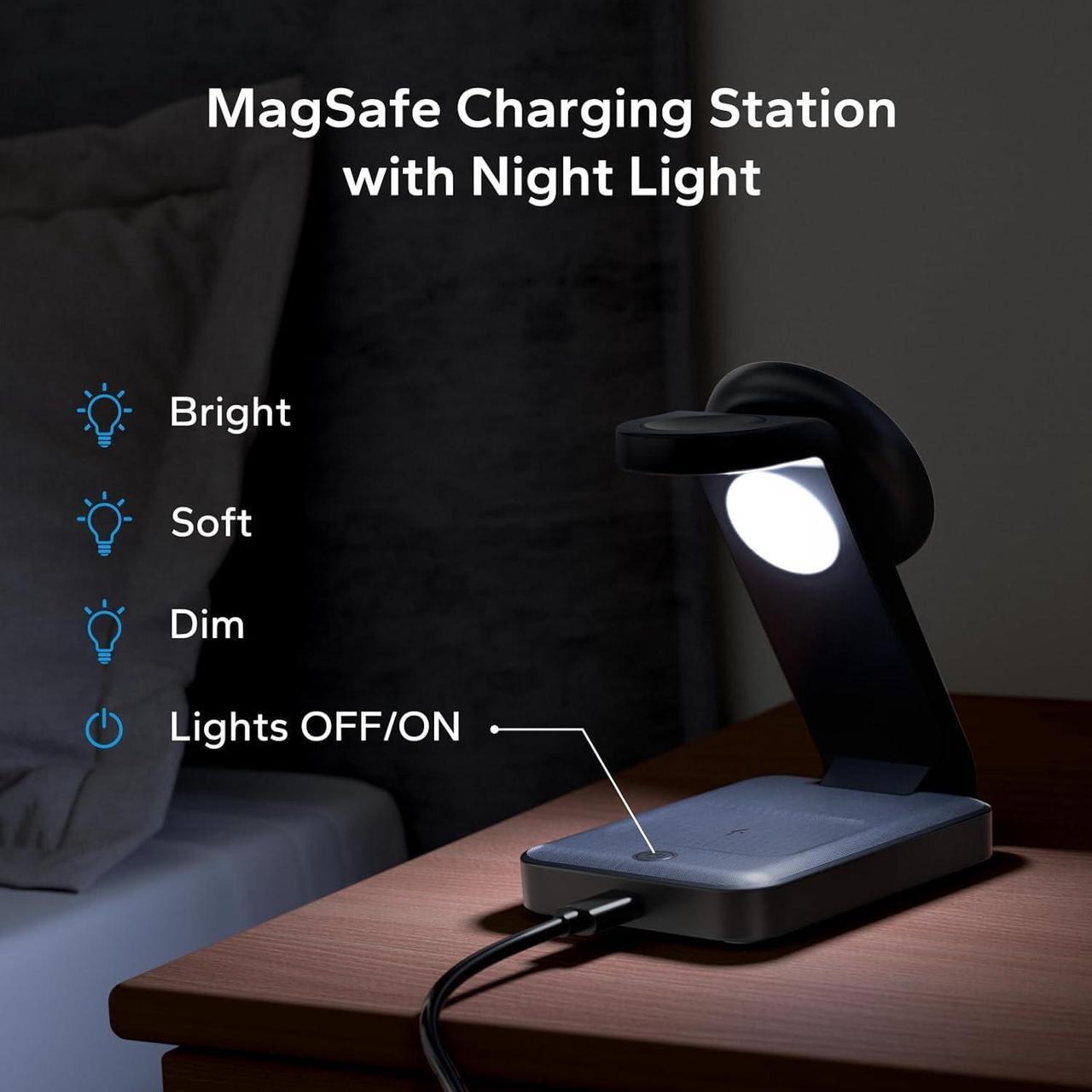 Alt view image 2 of 7 - 3 in 1 Foldable Wireless Charging Station for MagSafe, Travel Magnetic Charger Stand for iPhone 15 14 13 12 Pro Max, Fast Nightstand Charging Dock with Night Light for Apple Watch/