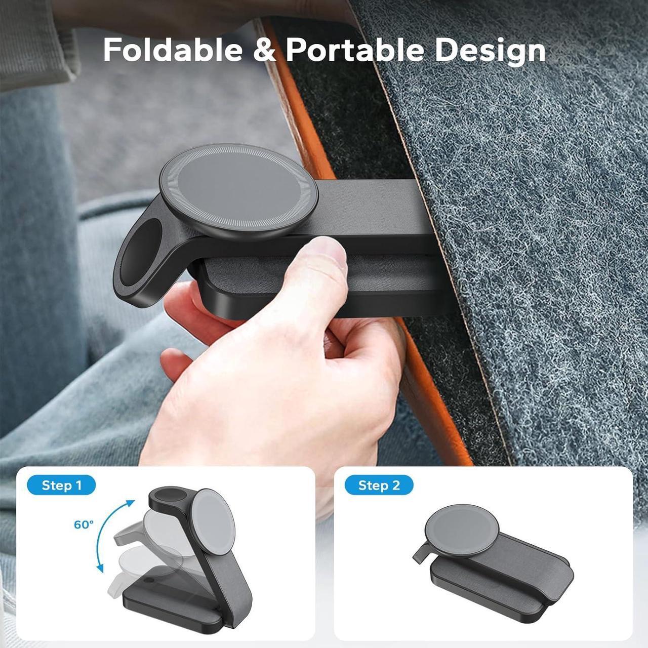 Alt view image 3 of 7 - 3 in 1 Foldable Wireless Charging Station for MagSafe, Travel Magnetic Charger Stand for iPhone 15 14 13 12 Pro Max, Fast Nightstand Charging Dock with Night Light for Apple Watch/