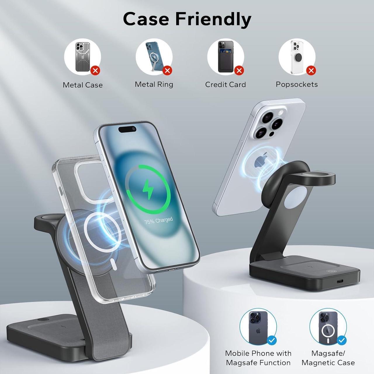 Alt view image 4 of 7 - 3 in 1 Foldable Wireless Charging Station for MagSafe, Travel Magnetic Charger Stand for iPhone 15 14 13 12 Pro Max, Fast Nightstand Charging Dock with Night Light for Apple Watch/