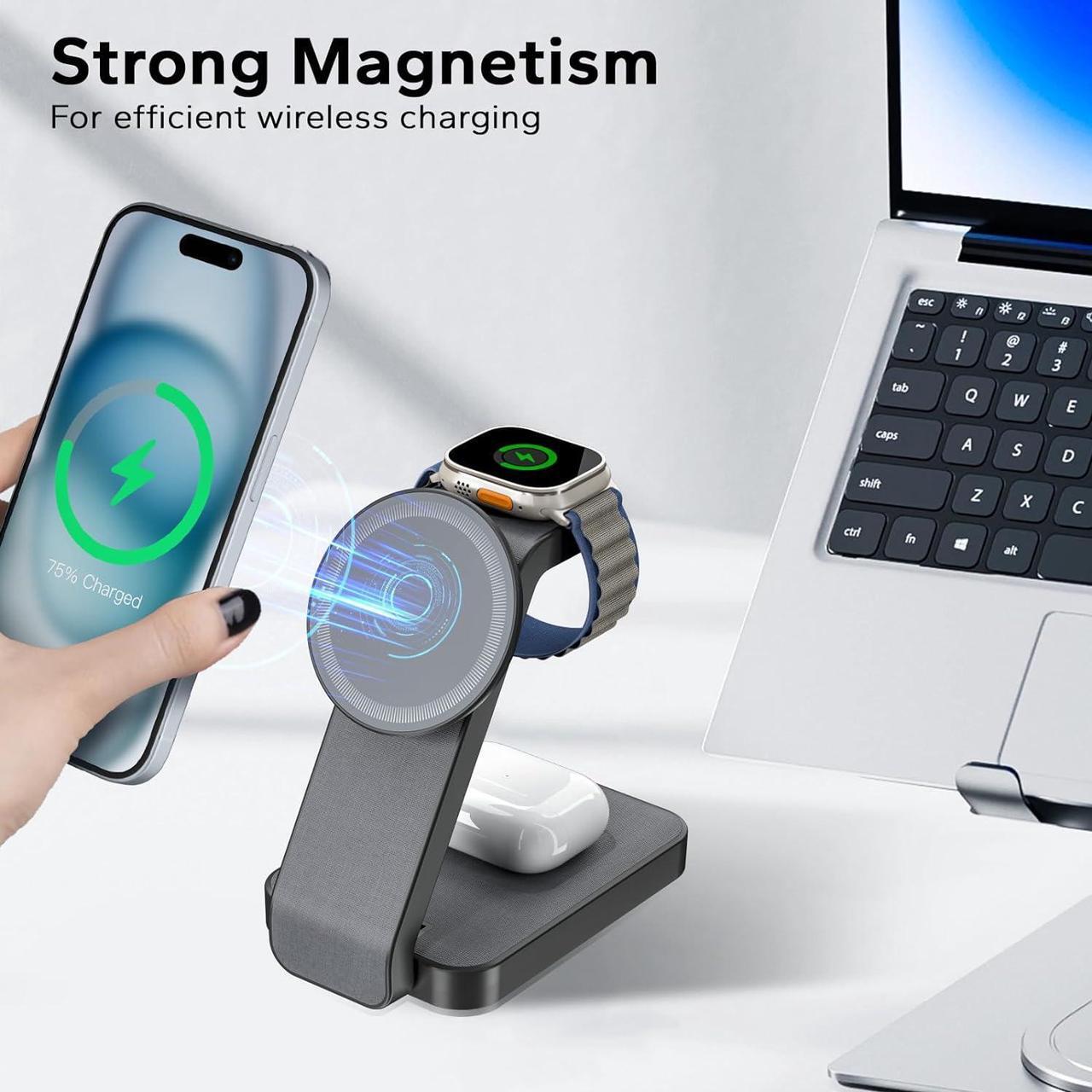 Alt view image 6 of 7 - 3 in 1 Foldable Wireless Charging Station for MagSafe, Travel Magnetic Charger Stand for iPhone 15 14 13 12 Pro Max, Fast Nightstand Charging Dock with Night Light for Apple Watch/