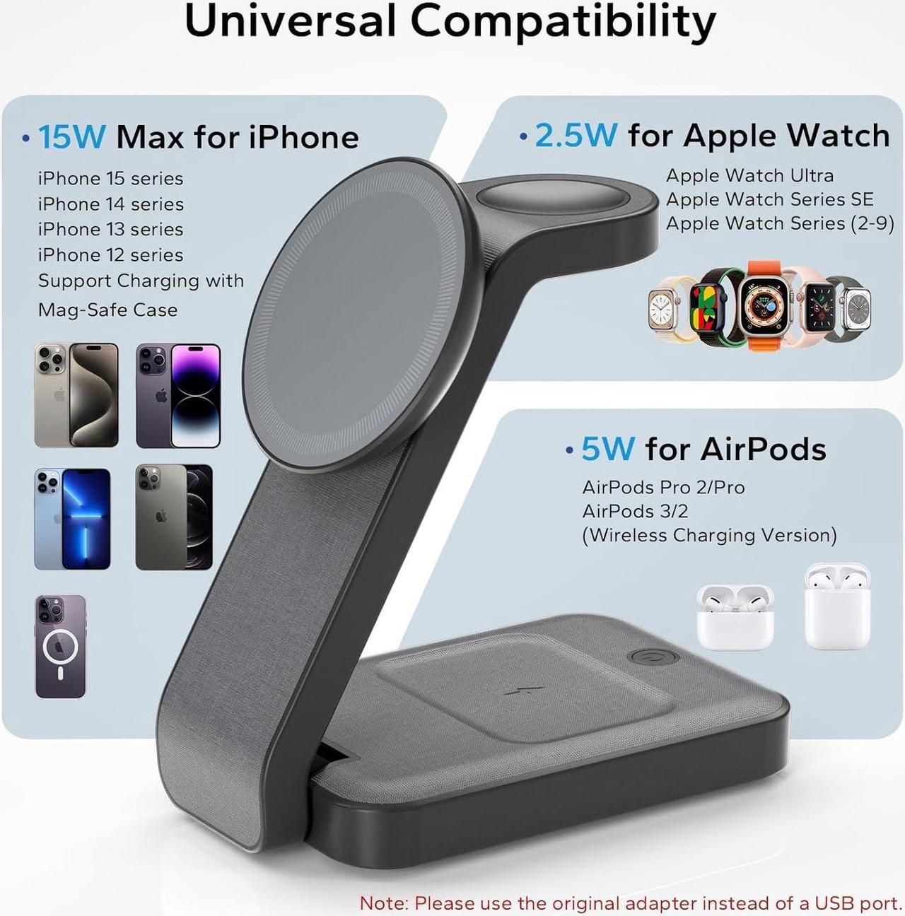 Alt view image 5 of 7 - 3 in 1 Foldable Wireless Charging Station for MagSafe, Travel Magnetic Charger Stand for iPhone 15 14 13 12 Pro Max, Fast Nightstand Charging Dock with Night Light for Apple Watch/