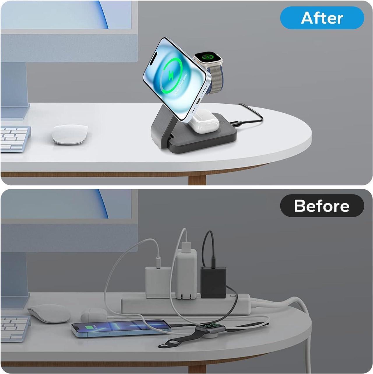 Alt view image 7 of 7 - 3 in 1 Foldable Wireless Charging Station for MagSafe, Travel Magnetic Charger Stand for iPhone 15 14 13 12 Pro Max, Fast Nightstand Charging Dock with Night Light for Apple Watch/