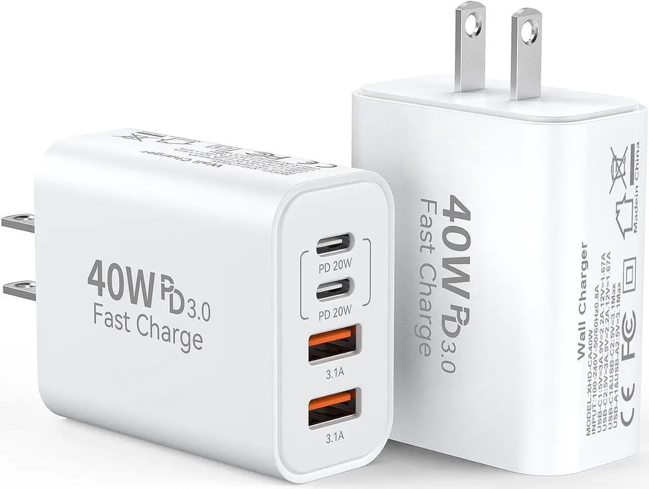 Main image of USB C Fast Charger Block 40W 4-Port Type C Charger Fast Charging Block Cube PD Power Adapter+QC 3.0 USB A Charger Wall Plug Type C Brick Box for iPhone 16/15/14/13/12/11 Pro Max iPad  2Pack