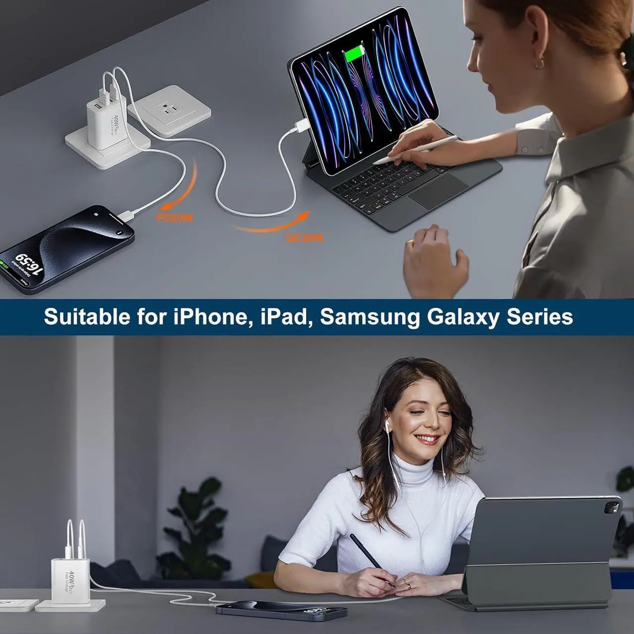 Alt view image 7 of 7 - USB C Fast Charger Block 40W 4-Port Type C Charger Fast Charging Block Cube PD Power Adapter+QC 3.0 USB A Charger Wall Plug Type C Brick Box for iPhone 16/15/14/13/12/11 Pro Max iPad  2Pack