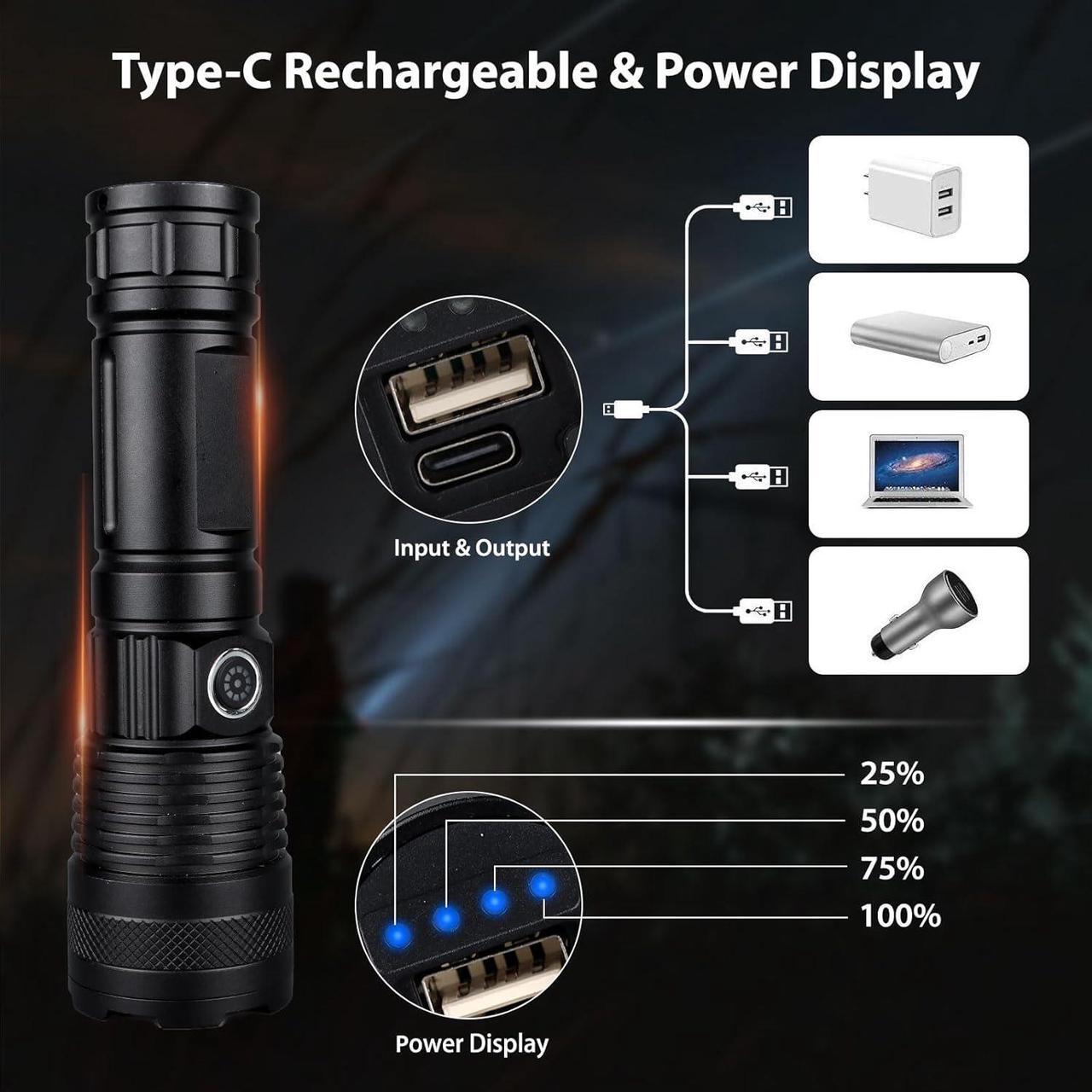 Alt view image 4 of 6 - Rechargeable Led Flashlights High Lumens, 250000 Lumens Super Bright Tactical Flashlight, Handheld Powerful Flashlights for Emergencies, Camping, Hiking