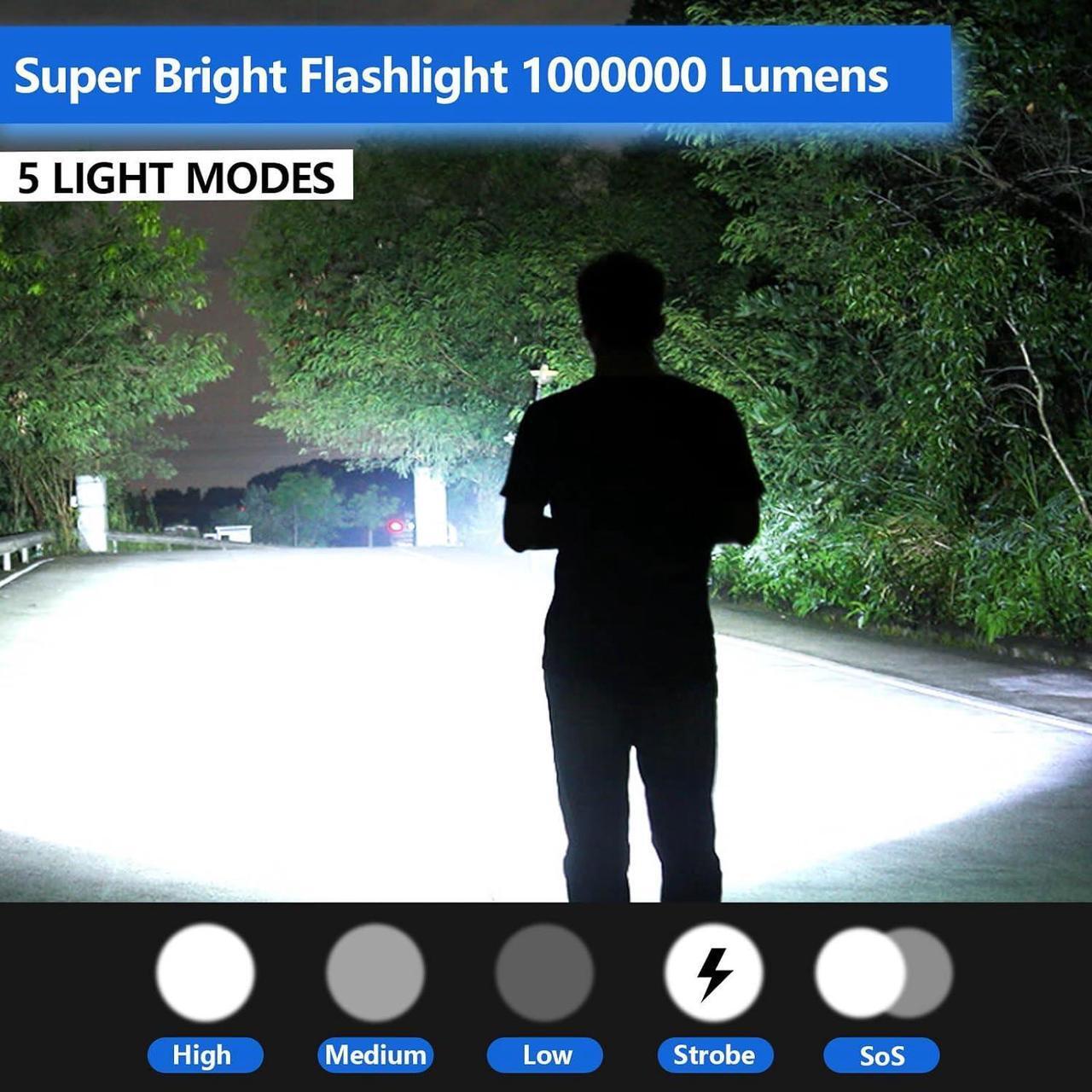 Alt view image 2 of 7 - Rechargeable LED Flashlight 1000000 Lumen, Super Bright Flashlight with Digital Power Display and Zoomble, Flashlights High Lumens Rechargeable for Camping, Outdoor
