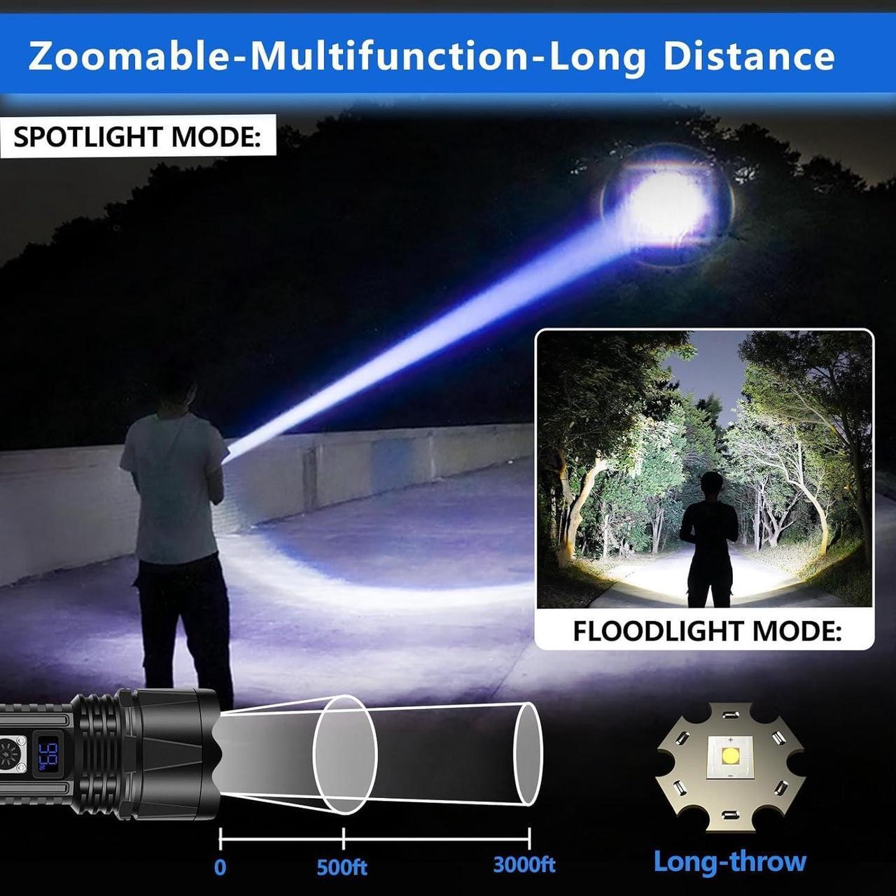 Alt view image 3 of 7 - Rechargeable LED Flashlight 1000000 Lumen, Super Bright Flashlight with Digital Power Display and Zoomble, Flashlights High Lumens Rechargeable for Camping, Outdoor