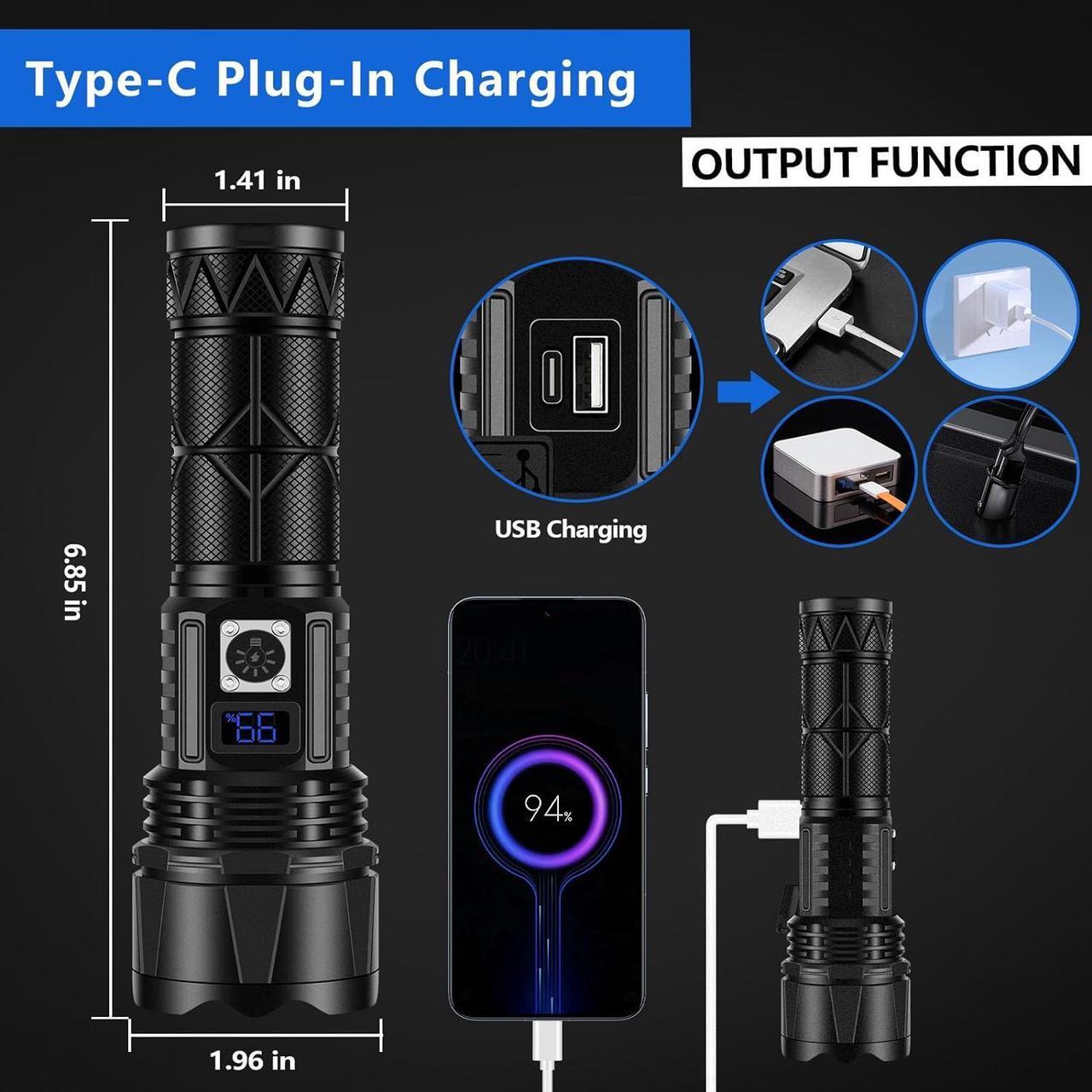Alt view image 4 of 7 - Rechargeable LED Flashlight 1000000 Lumen, Super Bright Flashlight with Digital Power Display and Zoomble, Flashlights High Lumens Rechargeable for Camping, Outdoor