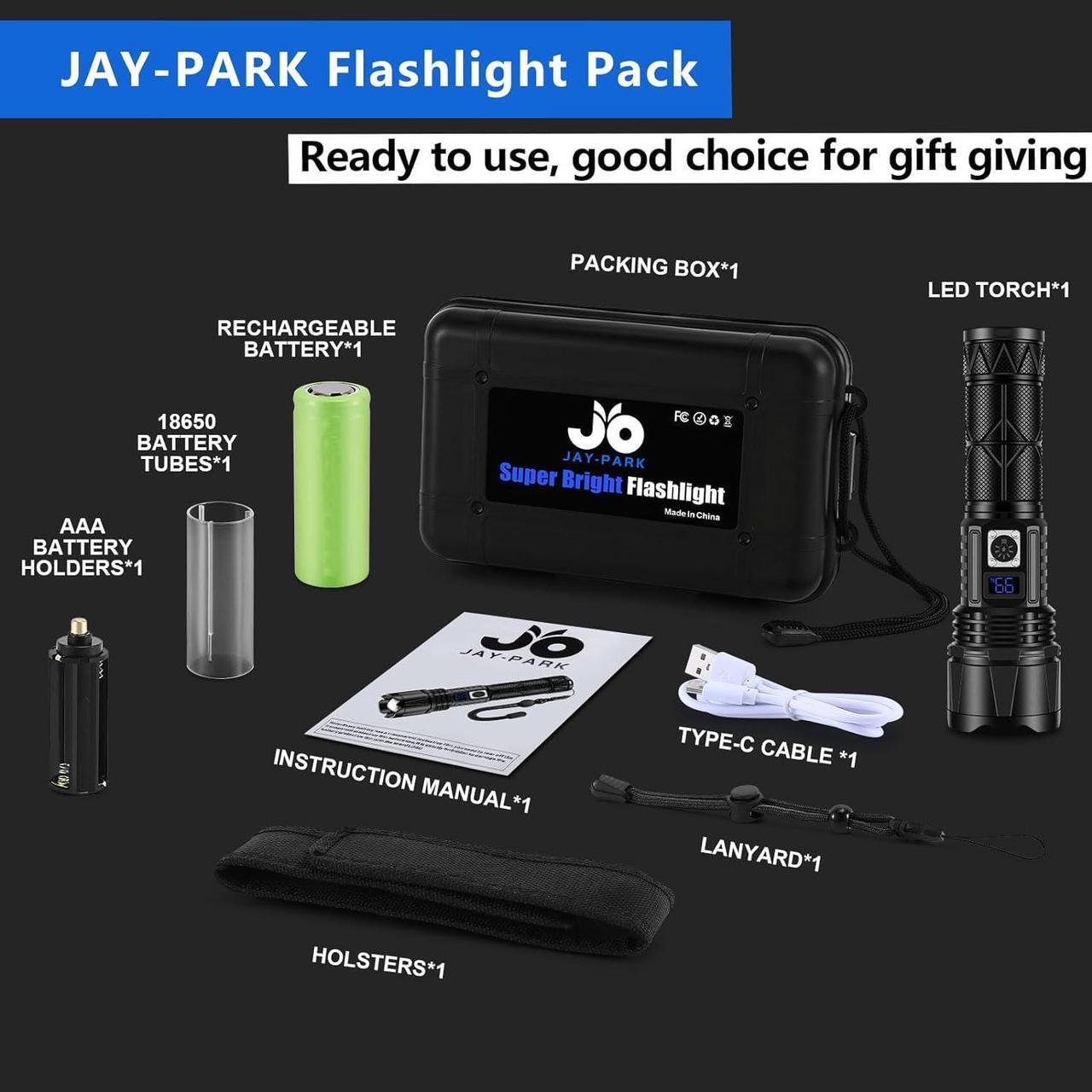 Alt view image 7 of 7 - Rechargeable LED Flashlight 1000000 Lumen, Super Bright Flashlight with Digital Power Display and Zoomble, Flashlights High Lumens Rechargeable for Camping, Outdoor