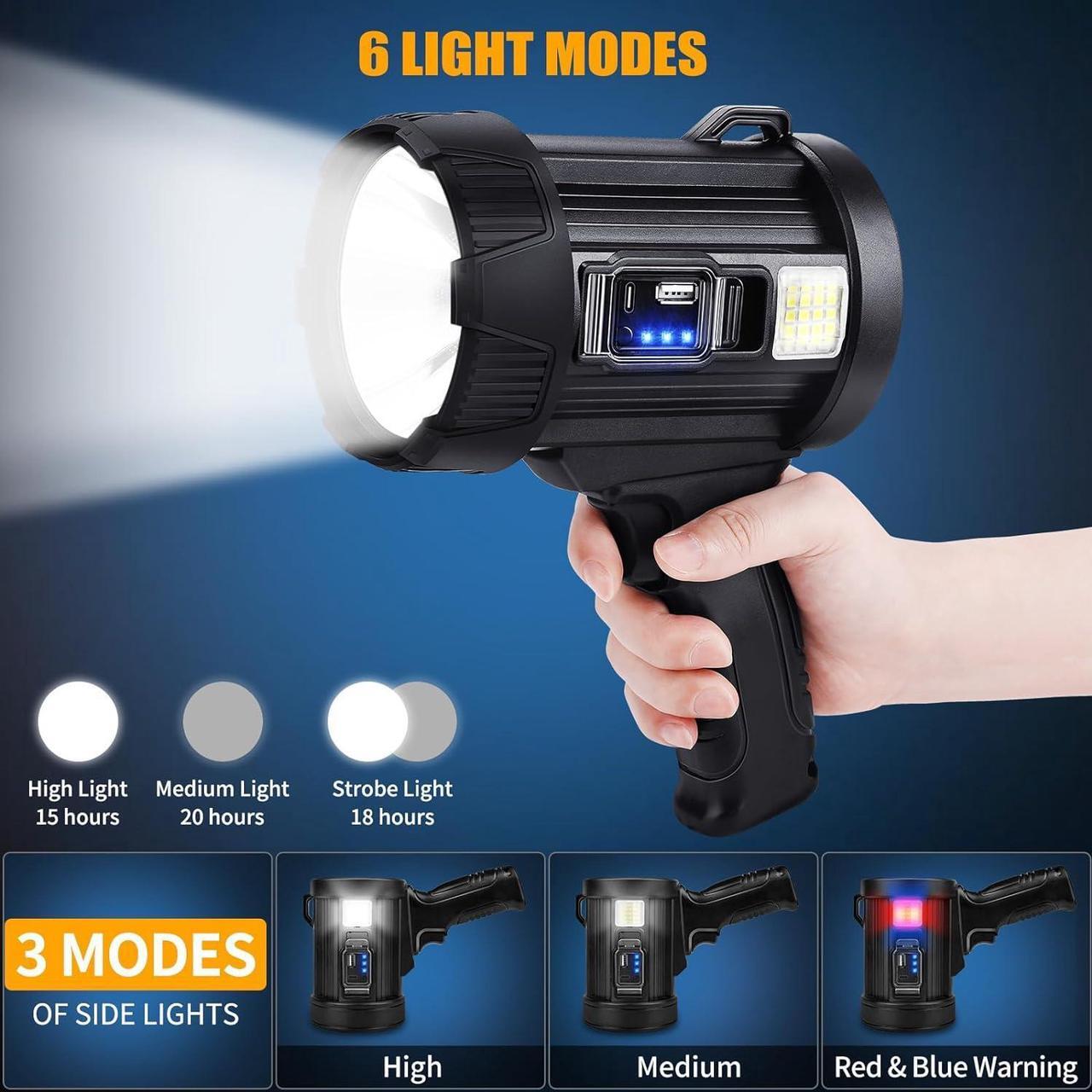 Alt view image 5 of 7 - Rechargeable Spotlight, 1000000 Lumens Bright LED Spotlight Flashlight, Long Running Spot Light Searchlight, Outdoor Handheld Spotlights with Solar Panels for Hunting,Camping,Boat,6 Spotlight Modes