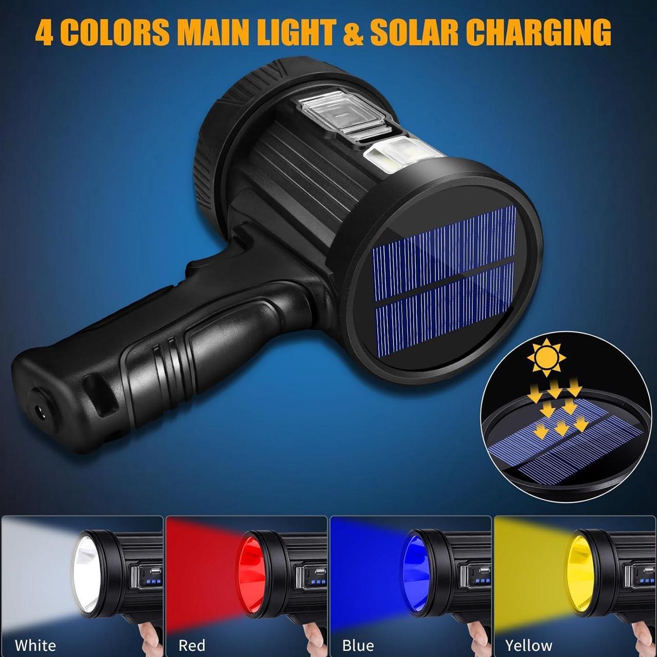 Alt view image 6 of 7 - Rechargeable Spotlight, 1000000 Lumens Bright LED Spotlight Flashlight, Long Running Spot Light Searchlight, Outdoor Handheld Spotlights with Solar Panels for Hunting,Camping,Boat,6 Spotlight Modes