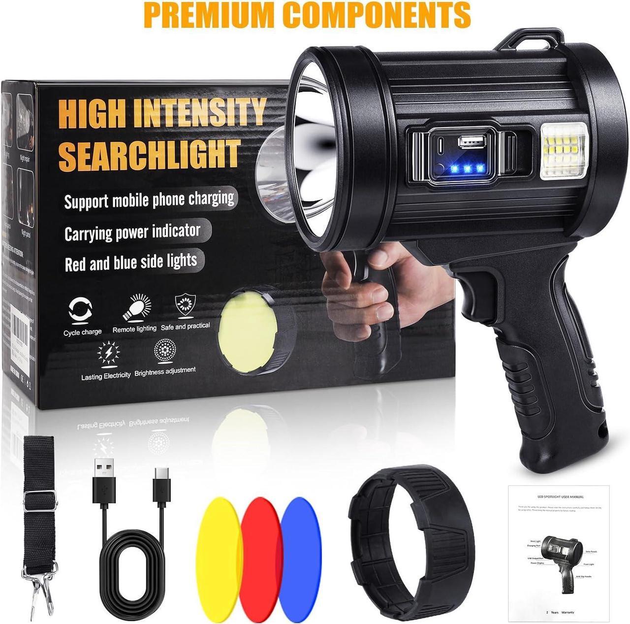 Alt view image 7 of 7 - Rechargeable Spotlight, 1000000 Lumens Bright LED Spotlight Flashlight, Long Running Spot Light Searchlight, Outdoor Handheld Spotlights with Solar Panels for Hunting,Camping,Boat,6 Spotlight Modes
