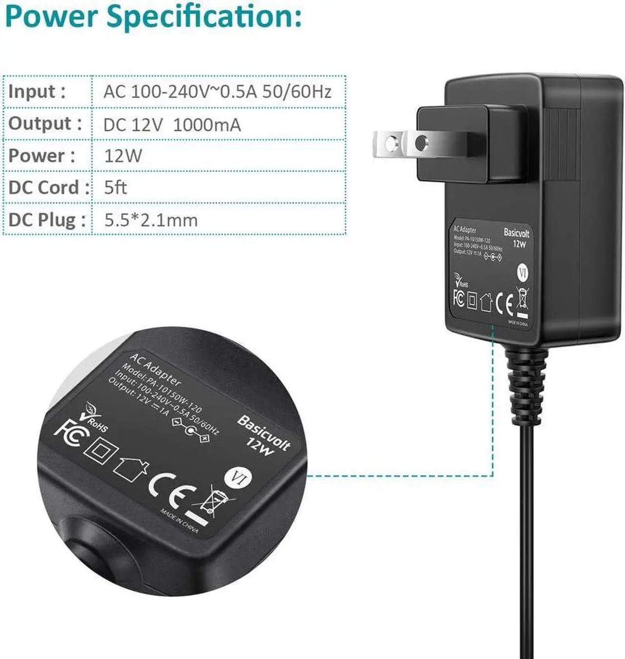 Alt view image 7 of 7 - 12V Power Supply AC Adapter DC 12 V Power Cord Universal Power Adapter 12Volt Charger Compatible with 1000mA 900mA 800mA 700mA 600mA 500mA 400mA 300mA 200mA 100mA Electronics