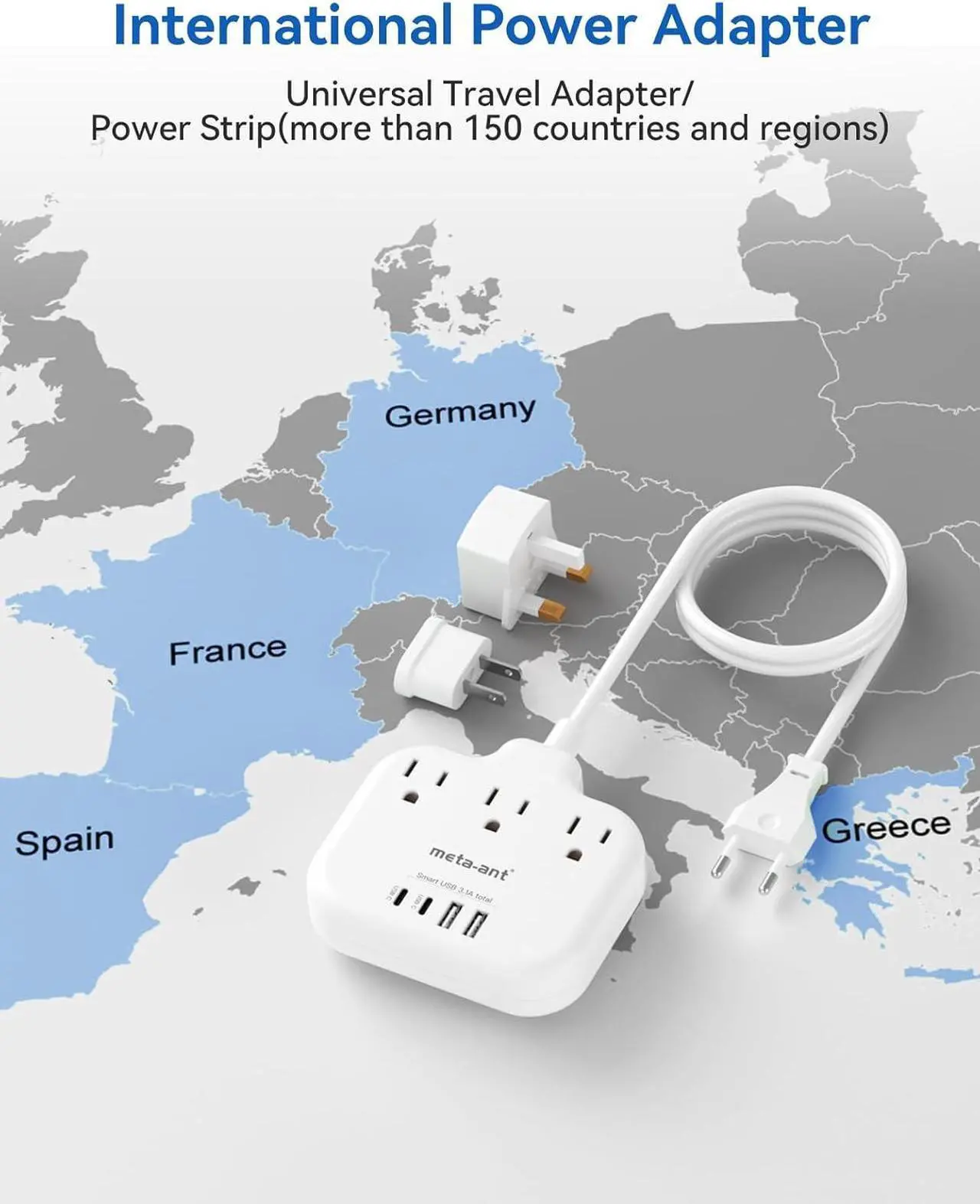 Alt view image 2 of 7 - European Travel Plug Adapter, US to European Plug Adapter with 3 American Outlets & 4 USB, 3ft European Power Cord, International Travel Power Strip, Type C for Europe EU Germany France, Travel, White