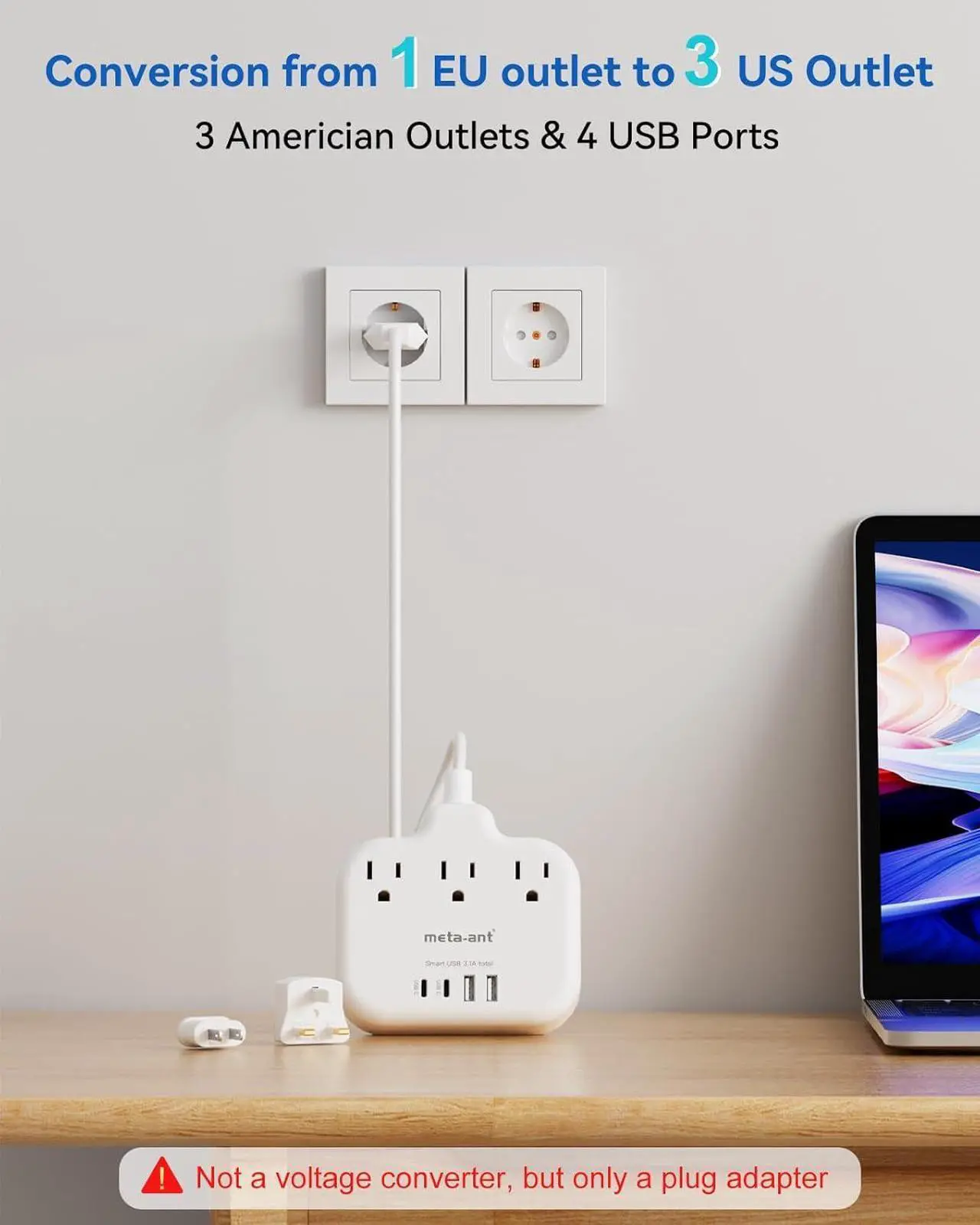 Alt view image 4 of 7 - European Travel Plug Adapter, US to European Plug Adapter with 3 American Outlets & 4 USB, 3ft European Power Cord, International Travel Power Strip, Type C for Europe EU Germany France, Travel, White