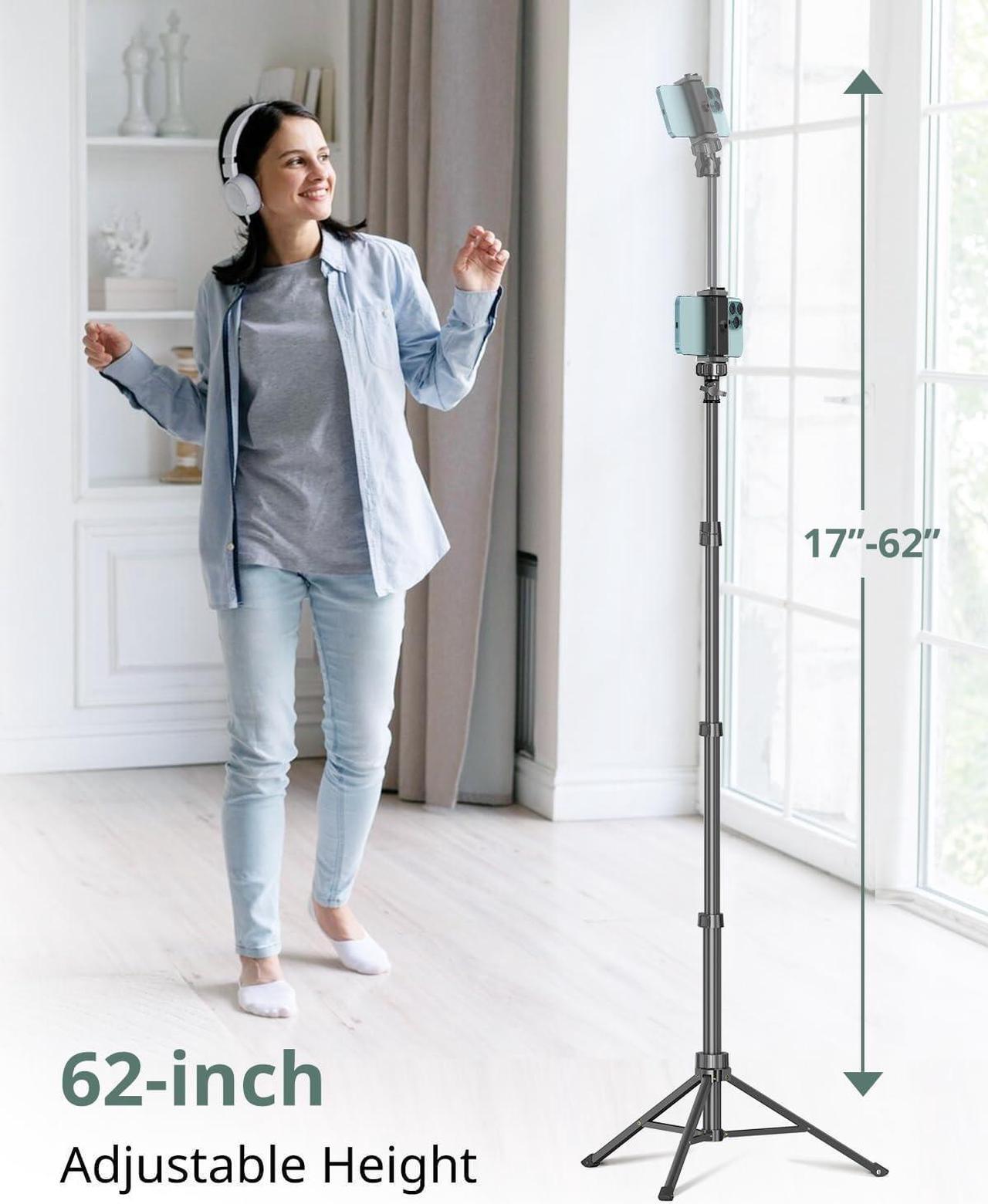 Alt view image 2 of 6 - 62 Phone Tripod & Selfie Stick Extendable Cell Phone Tripod Stand with Wireless Remote and Phone Holder Compatible with iPhone Android Phone Camera
