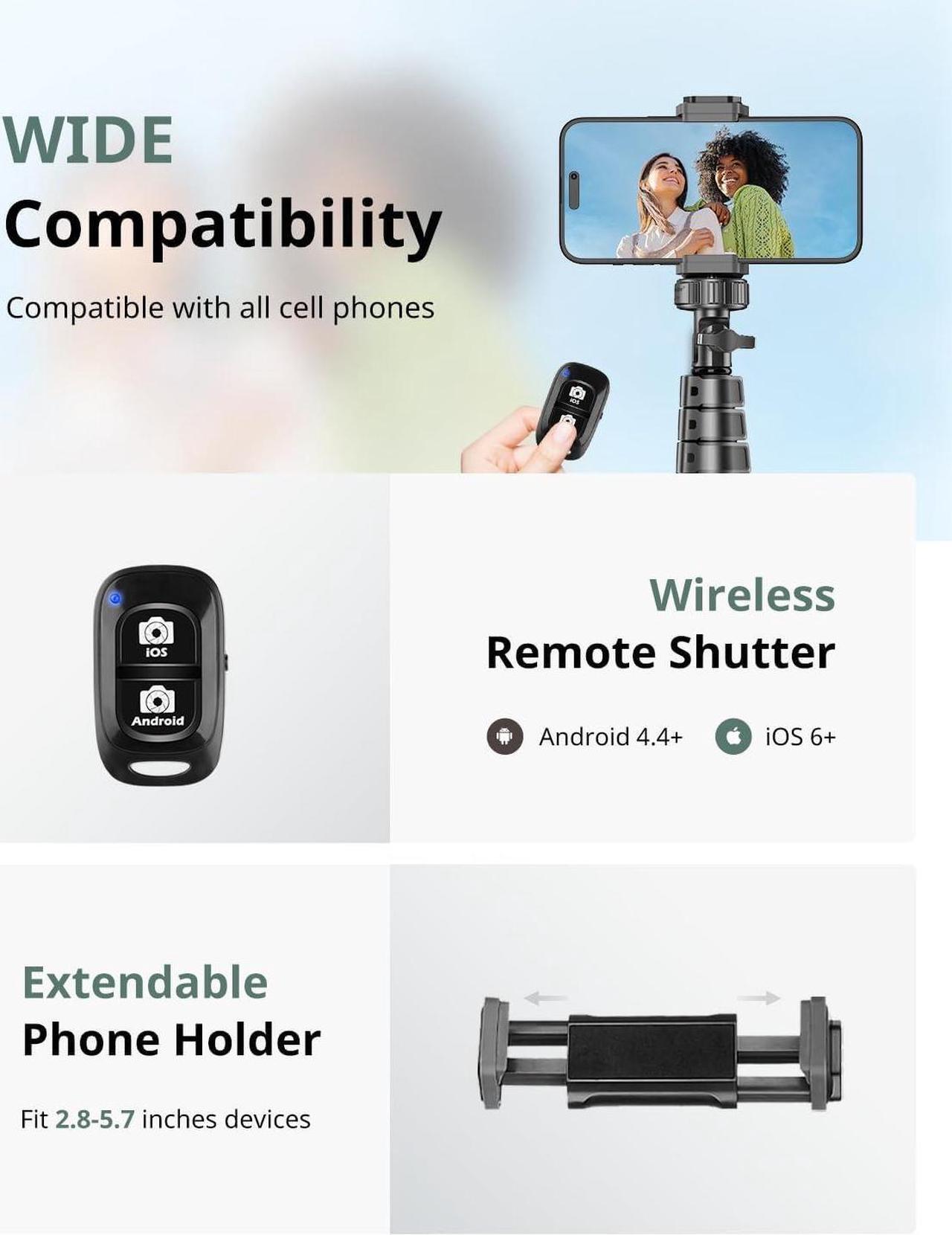 Alt view image 6 of 6 - 62 Phone Tripod & Selfie Stick Extendable Cell Phone Tripod Stand with Wireless Remote and Phone Holder Compatible with iPhone Android Phone Camera