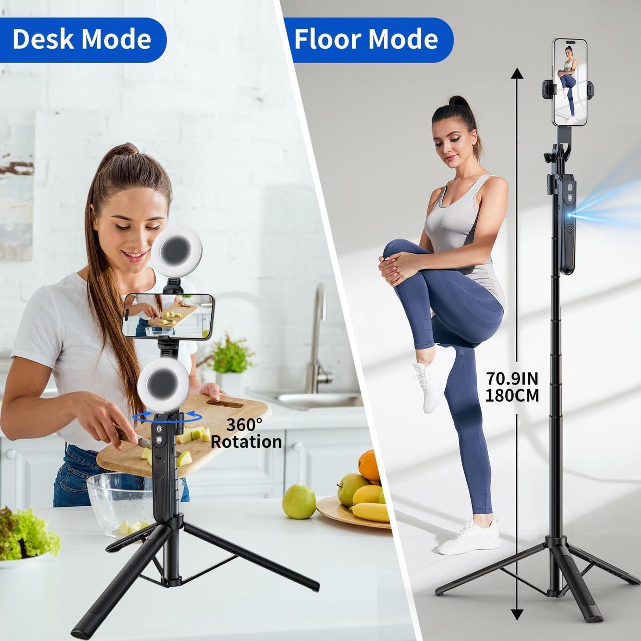 Alt view image 2 of 6 - Extendable Auto Face Tracking Tripod 360° Rotation with Light, No App, 70.9" Motion Sensor Phone Tripod Stand, Face Body Phone Camera Mount Gesture Control for Vlog/Live Stream/Video Recording
