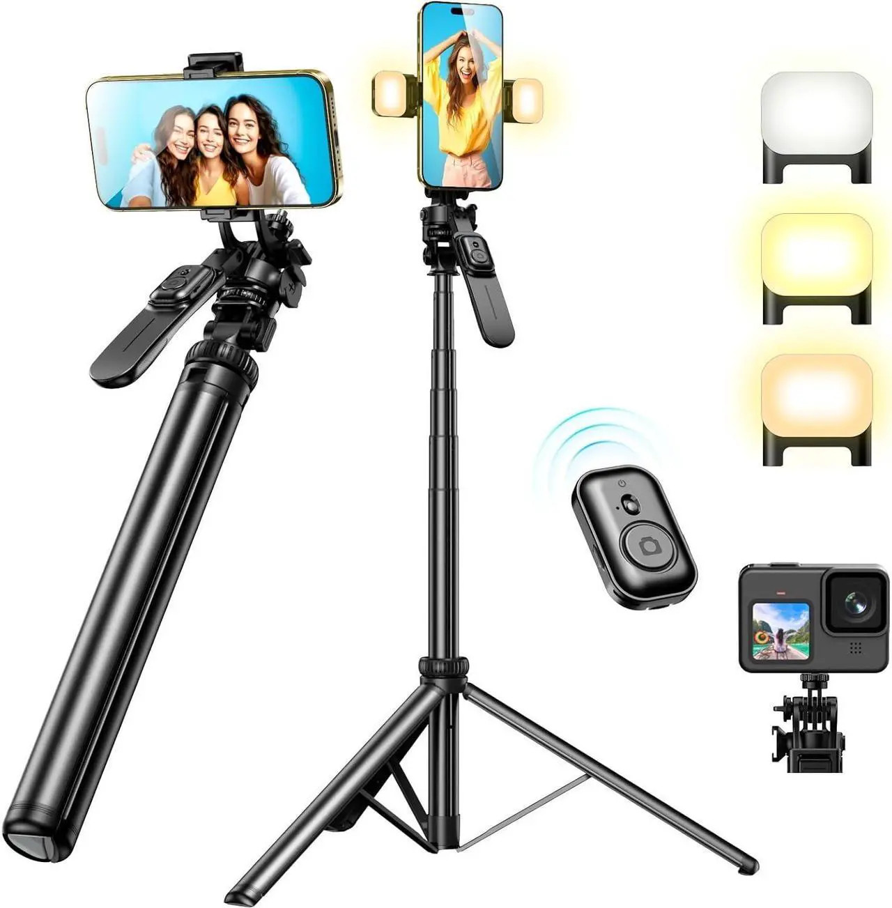 Main image of 80 Phone Tripod Tripod for iPhone & Selfie Stick Tripod Stand with Remote 2 Lights All-in-1 360° Rotating Portable Travel Phone Tripod Stand for Cell Phone iPhone Android Camera Black