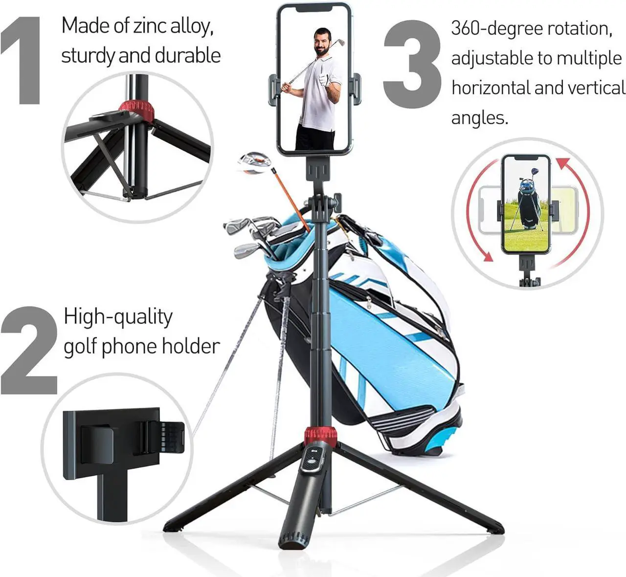 Alt view image 2 of 7 - 62" Phone Tripod & Selfie Stick for Golf Training, Extendable Cell Phone Tripod Stand with Wireless Remote and Phone Holder, Golf Training Aid - Compatible with iPhone Android iPhone