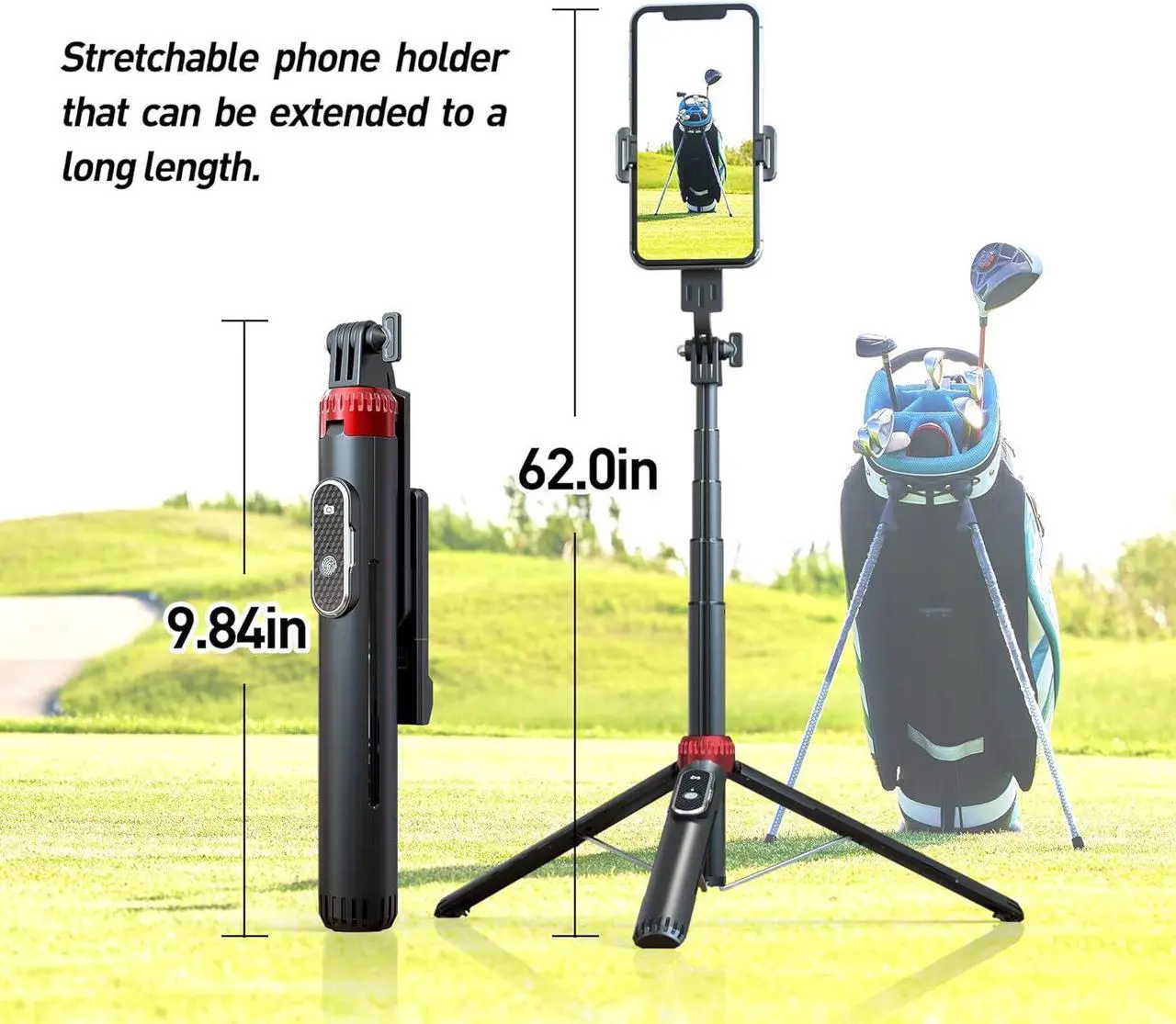 Alt view image 3 of 7 - 62" Phone Tripod & Selfie Stick for Golf Training, Extendable Cell Phone Tripod Stand with Wireless Remote and Phone Holder, Golf Training Aid - Compatible with iPhone Android iPhone