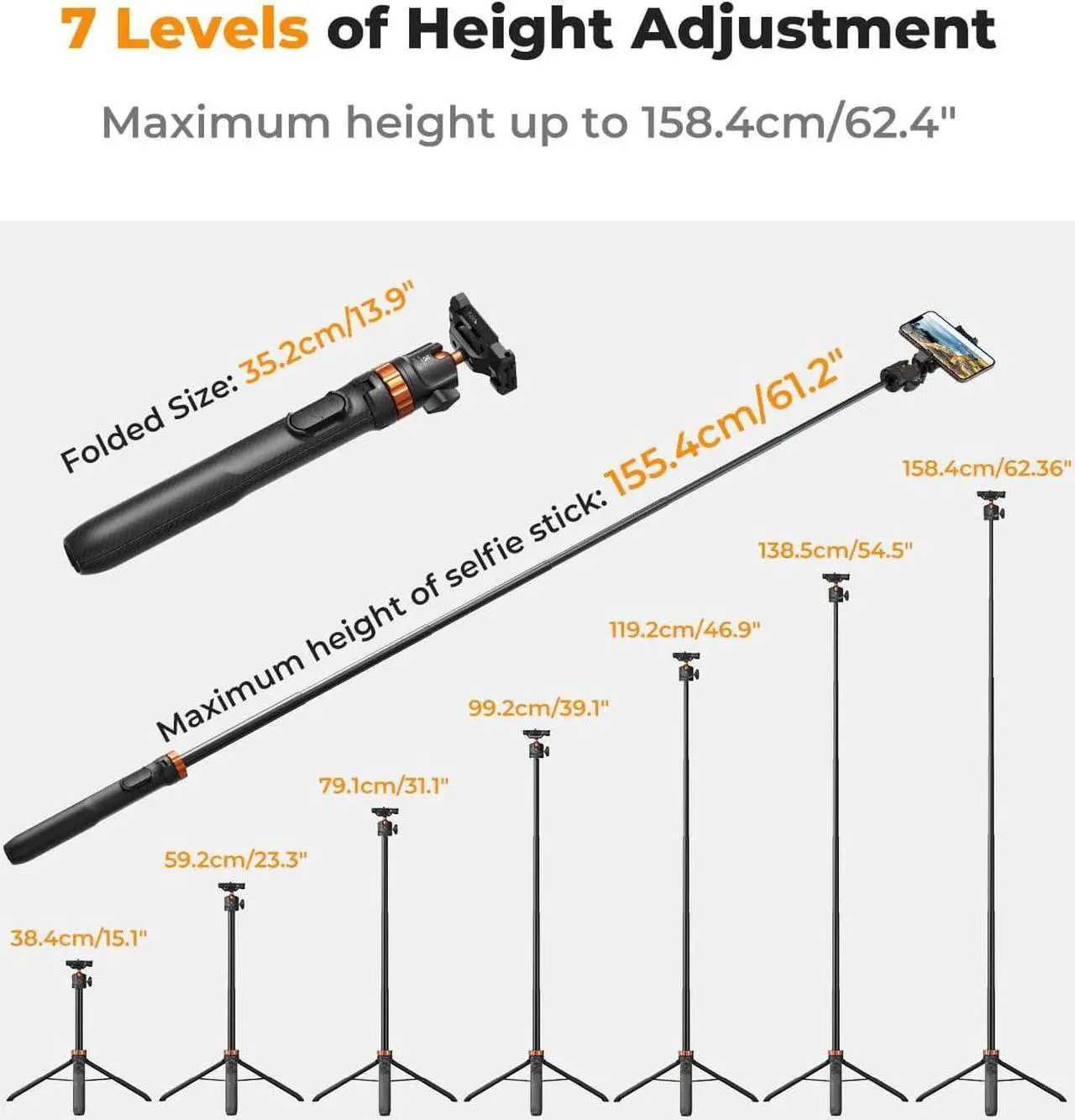 Alt view image 2 of 7 - K&F Concept 62'' Phone Selfie Stick Tripod, 2-in-1 Lightweight Cellphone Holder and Camera Stand with Remote, Compatible with GoPro/iPhone/Android/Camera/DJI OSMO Pocket 3