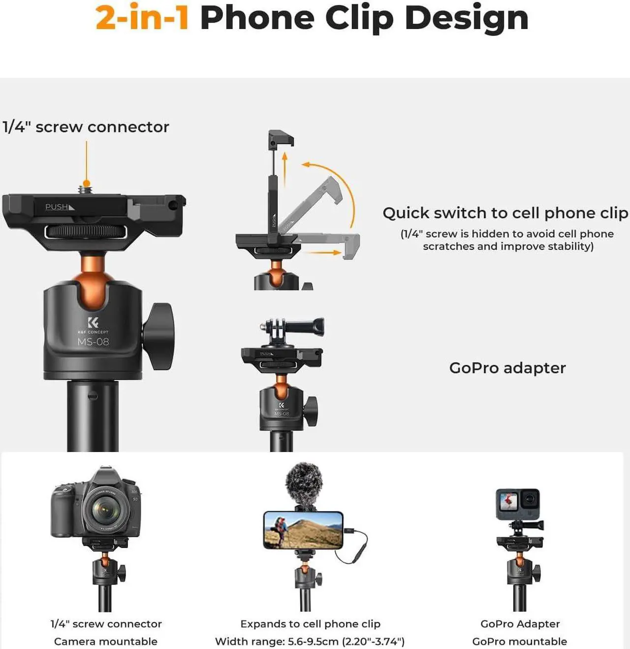 Alt view image 3 of 7 - K&F Concept 62'' Phone Selfie Stick Tripod, 2-in-1 Lightweight Cellphone Holder and Camera Stand with Remote, Compatible with GoPro/iPhone/Android/Camera/DJI OSMO Pocket 3