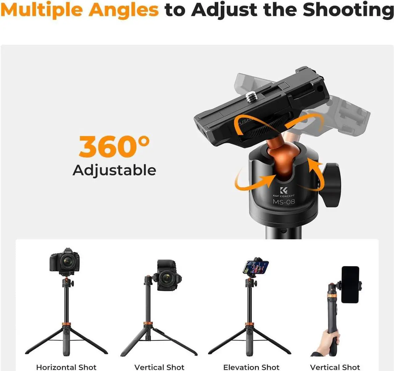 Alt view image 5 of 7 - K&F Concept 62'' Phone Selfie Stick Tripod, 2-in-1 Lightweight Cellphone Holder and Camera Stand with Remote, Compatible with GoPro/iPhone/Android/Camera/DJI OSMO Pocket 3